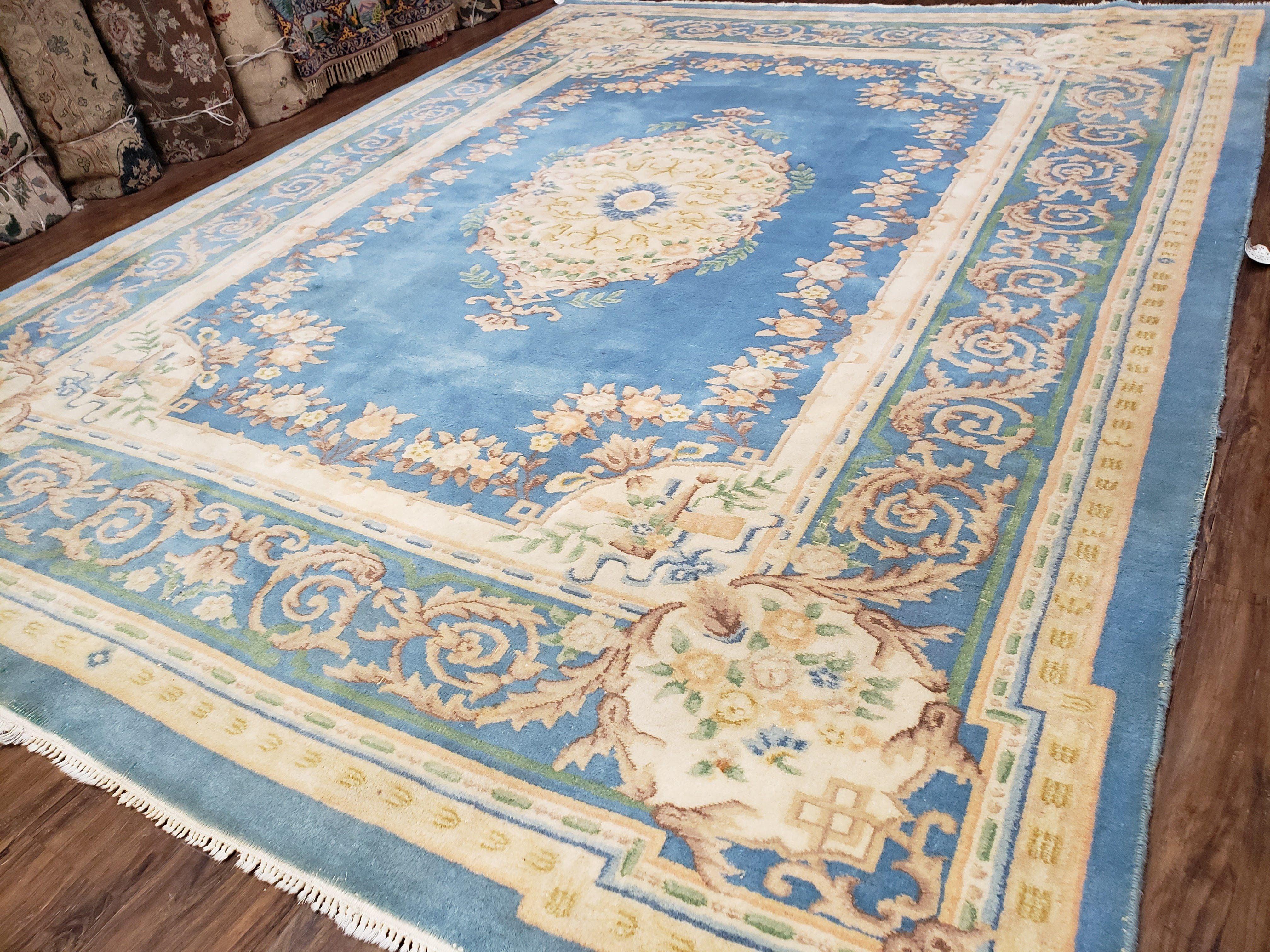 Light Blue and Ivory Rug, Indo Chinese Rug, Aubusson Rug, 8x11 - 9x12 Rugs, Room Sized Rug, Handmade Wool Area Rug, Vintage Rug, Sky Blue - Jewel Rugs