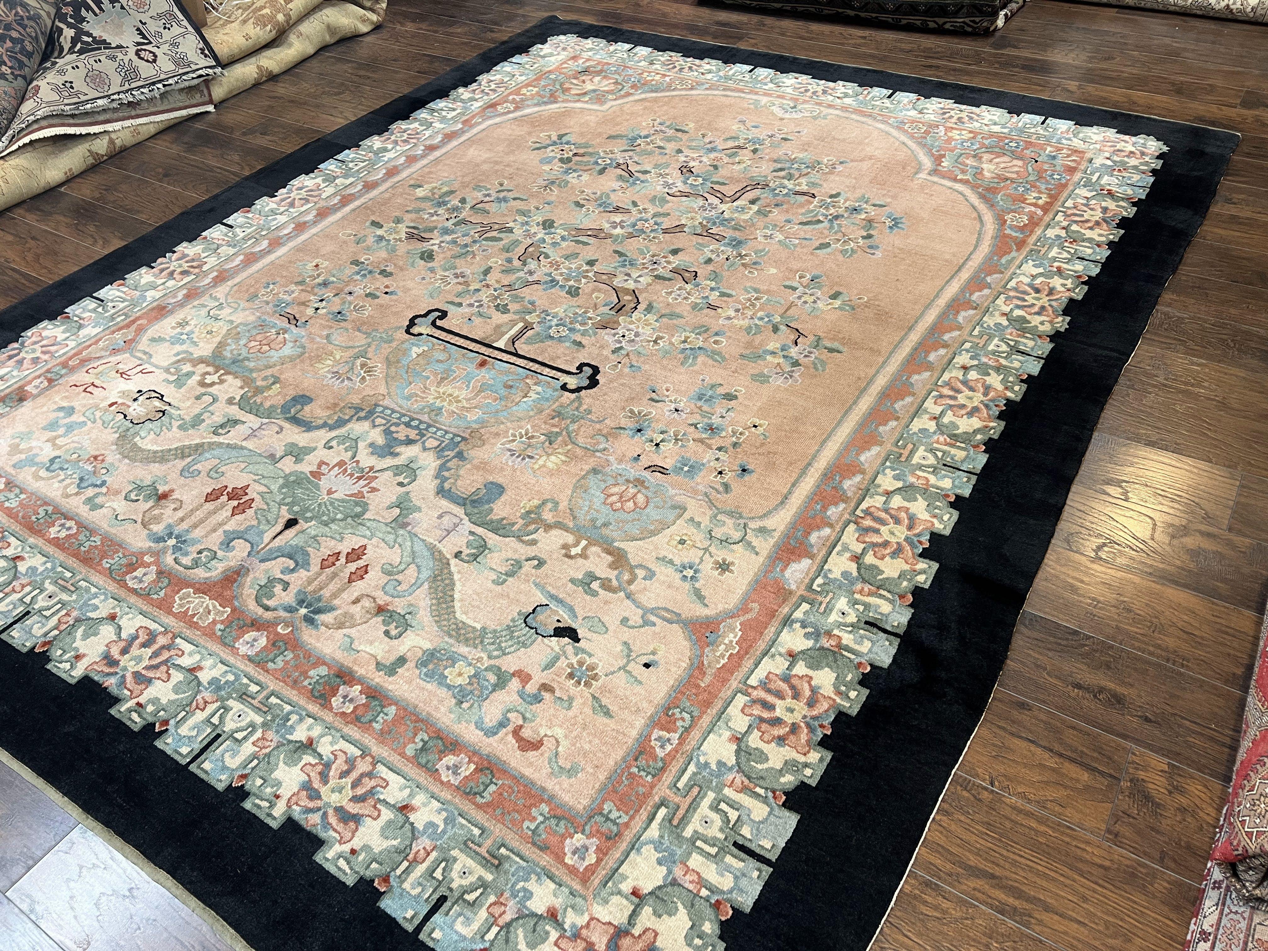 Antique Chinese Wool Rug 9x12, Chinese Peking Fete Carpet 9 x 12 ft, Pink Black Cream Light Blue, Handmade Hand Knotted Asian Art Deco Rug - Jewel Rugs
