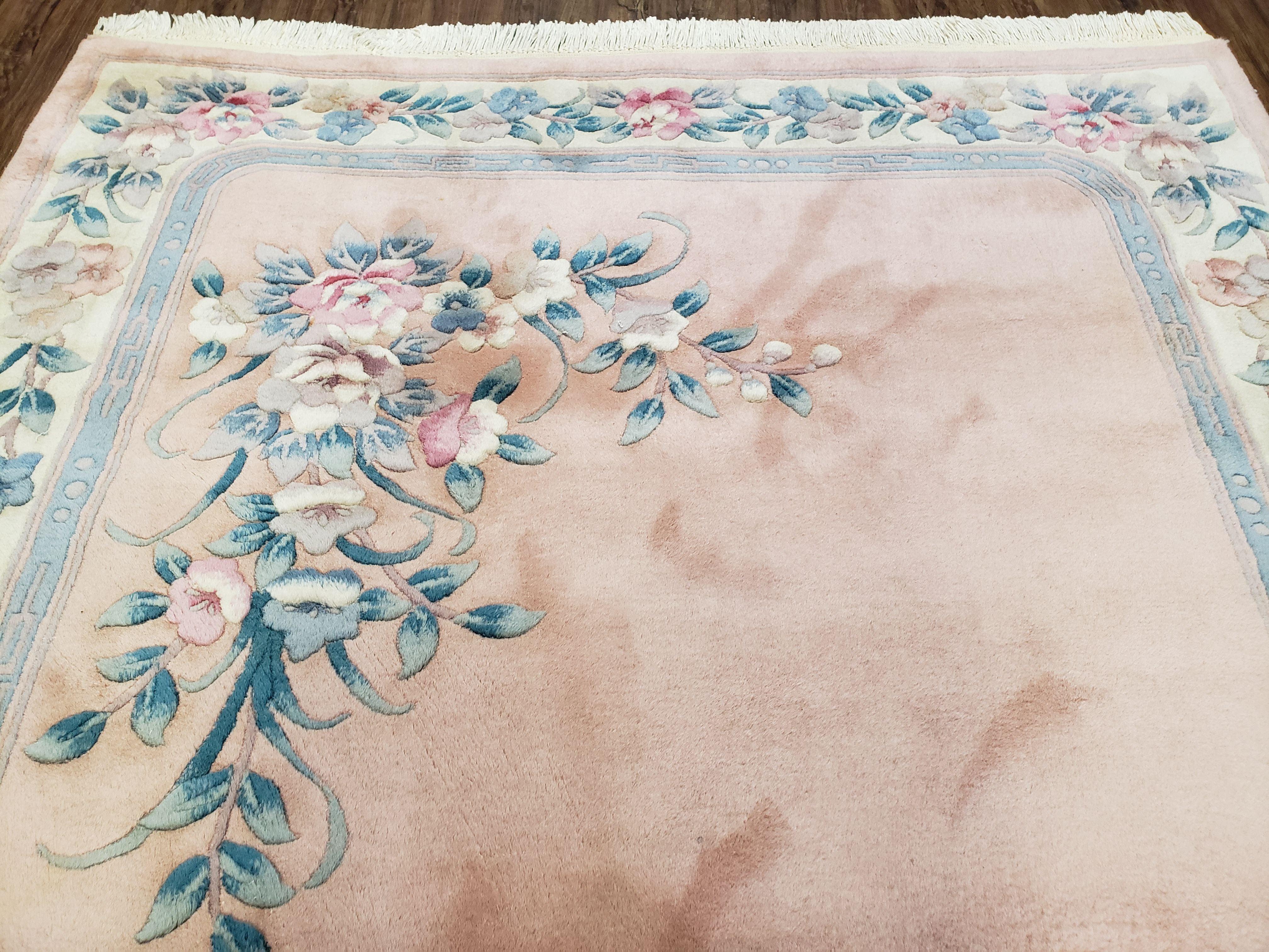 Vintage Light Pink Chinese Carving Area Rug, Floral Plush Carpet, Soft Pile, Hand-Knotted, Pink & Teal, Pastel Colors Home Decor, 5.4 x 8.2 - Jewel Rugs