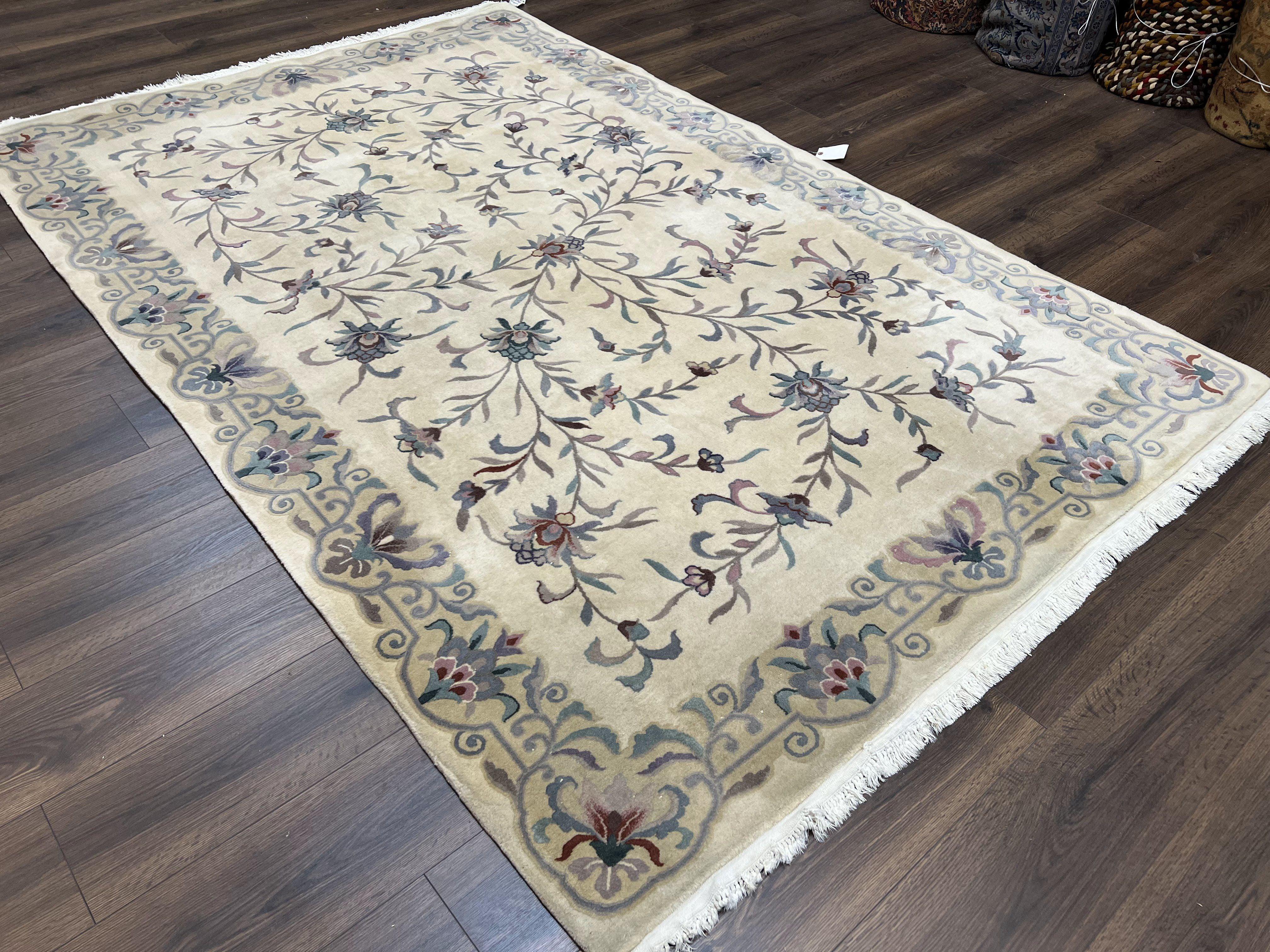 Vintage Chinese Rug 6x9, Chinese 120 Line Rug, Asian Oriental Carpet, Ivory/Beige and Teal, Floral Design, Soft Plush Wool Rug Handmade - Jewel Rugs