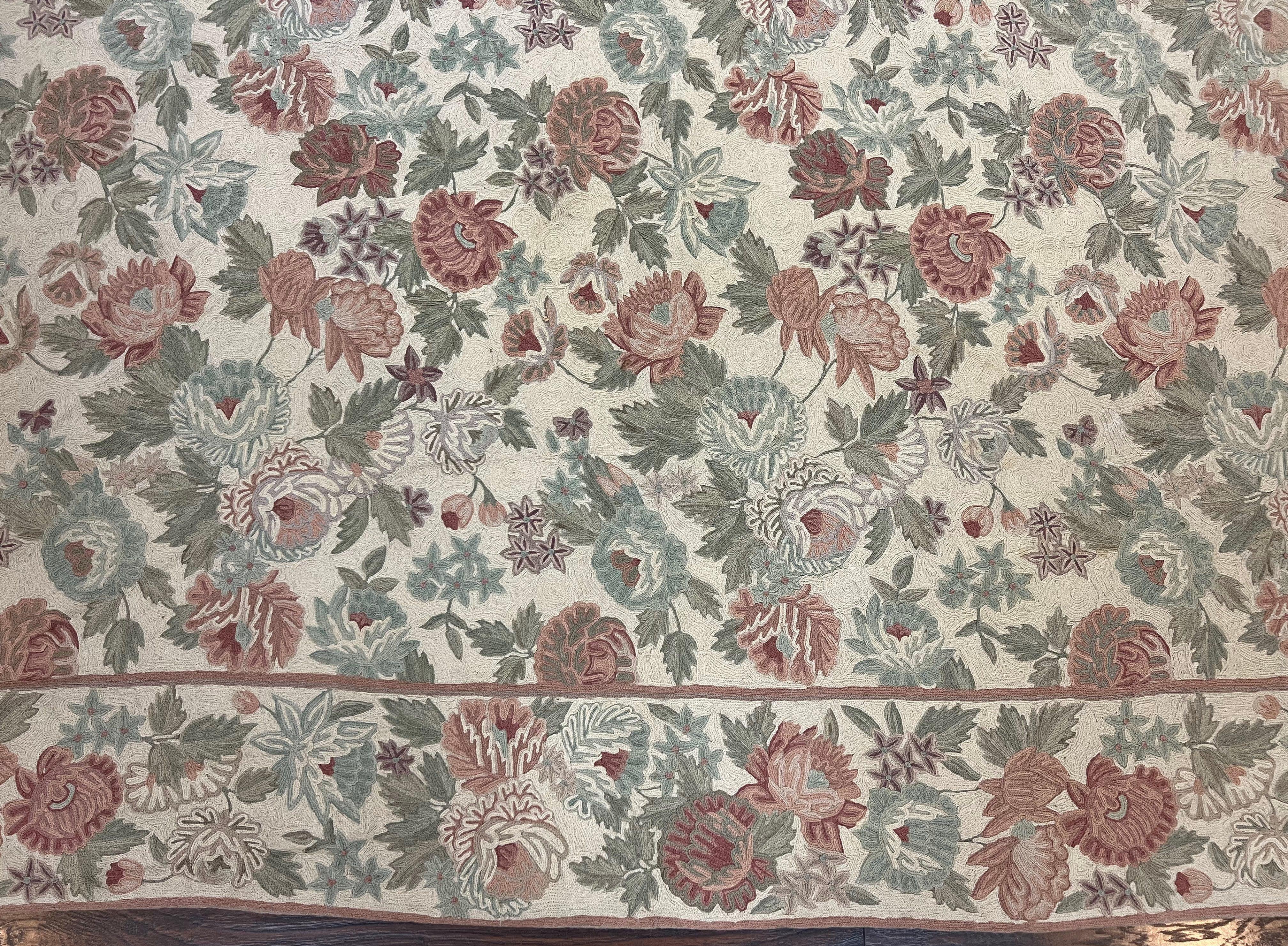 Indian Hand Stitched Rug 9x12 Florall Allover Vintage Wool Cream Rose Floral - Jewel Rugs