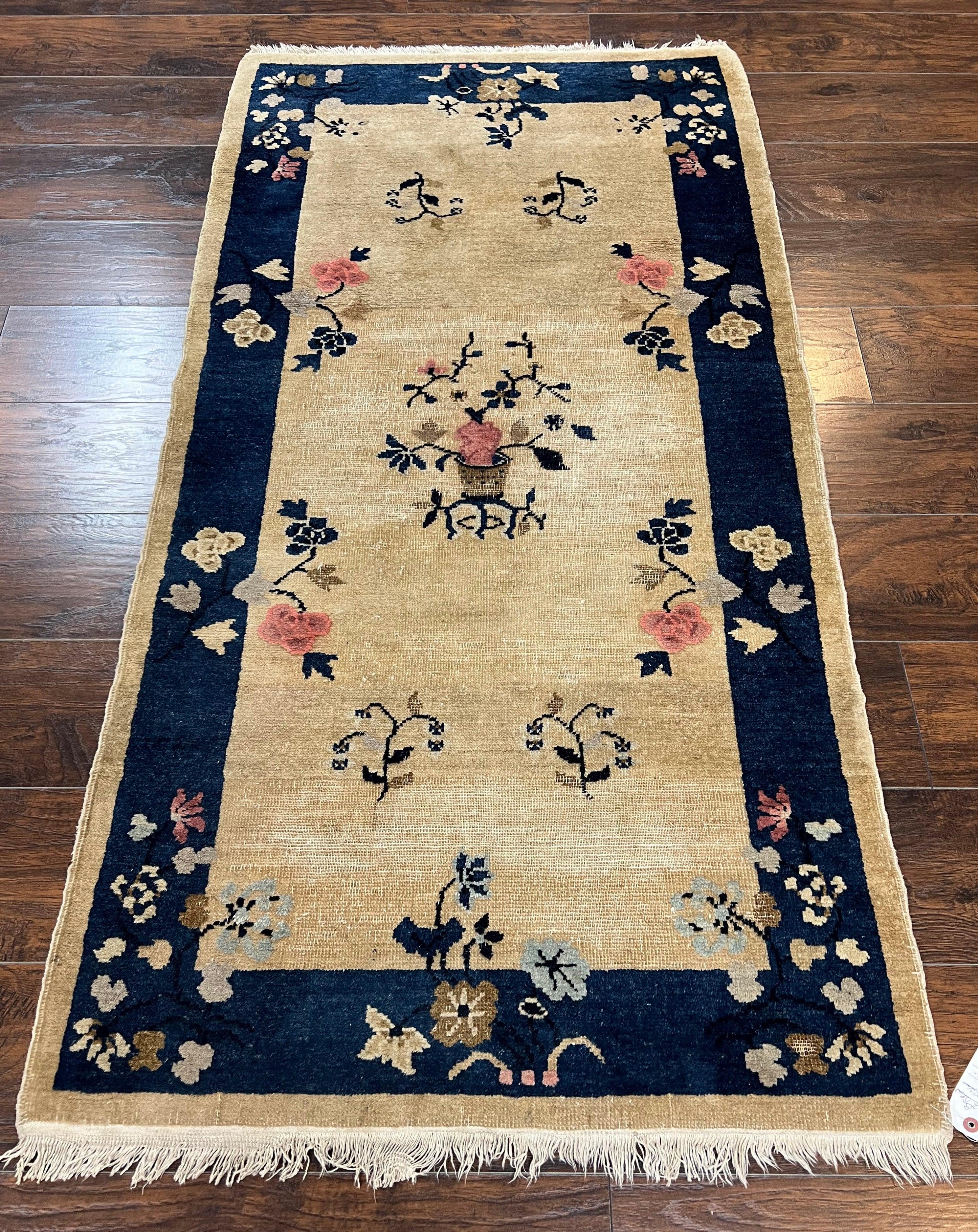 Antique Chinese Peking Rug 3x6, Beige and Dark Blue Hand Knotted Handmade Asian Oriental Carpet, Floral Vases, Vintage Wool Art Deco Rug - Jewel Rugs