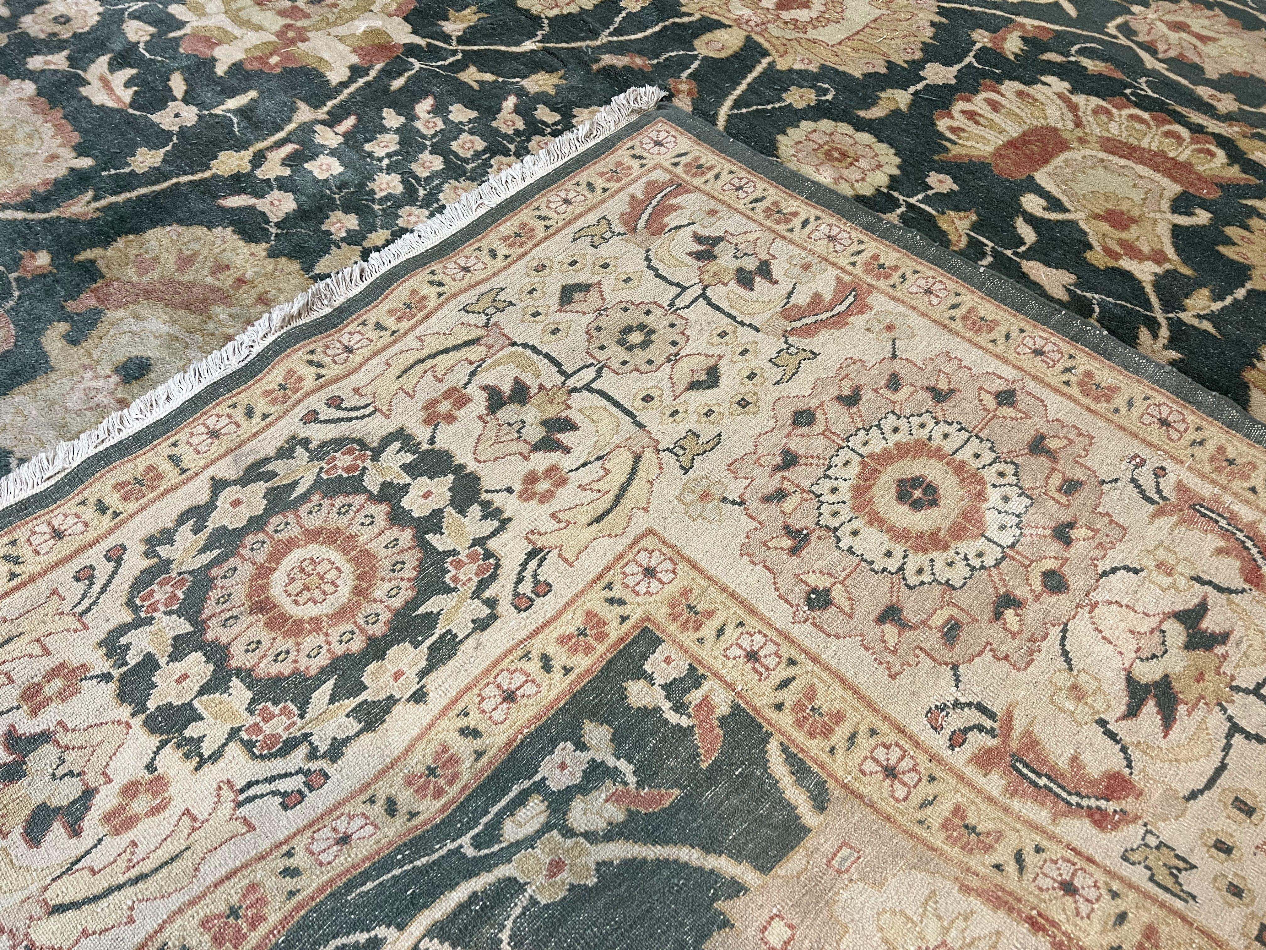 Egyptian Mahal Rug 10x14, Large Vintage Floral Hand Knotted Wool Carpet 10 x 14, Dark Green and Beige Traditional Handmade Persian Area Rug - Jewel Rugs