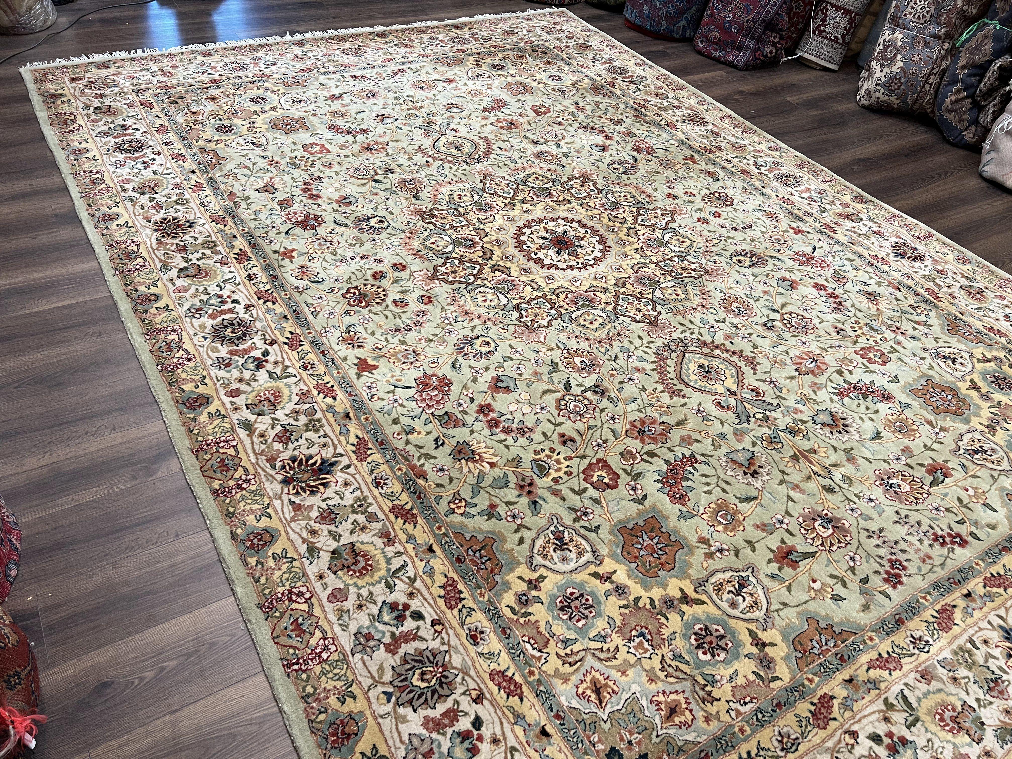 Large Oriental Rug 10x14, Persian Design Carpet 10 x 14, Vintage Hand-Tufted Wool Rug, Floral Medallion, Pastel Green Ivory Light Yellow - Jewel Rugs