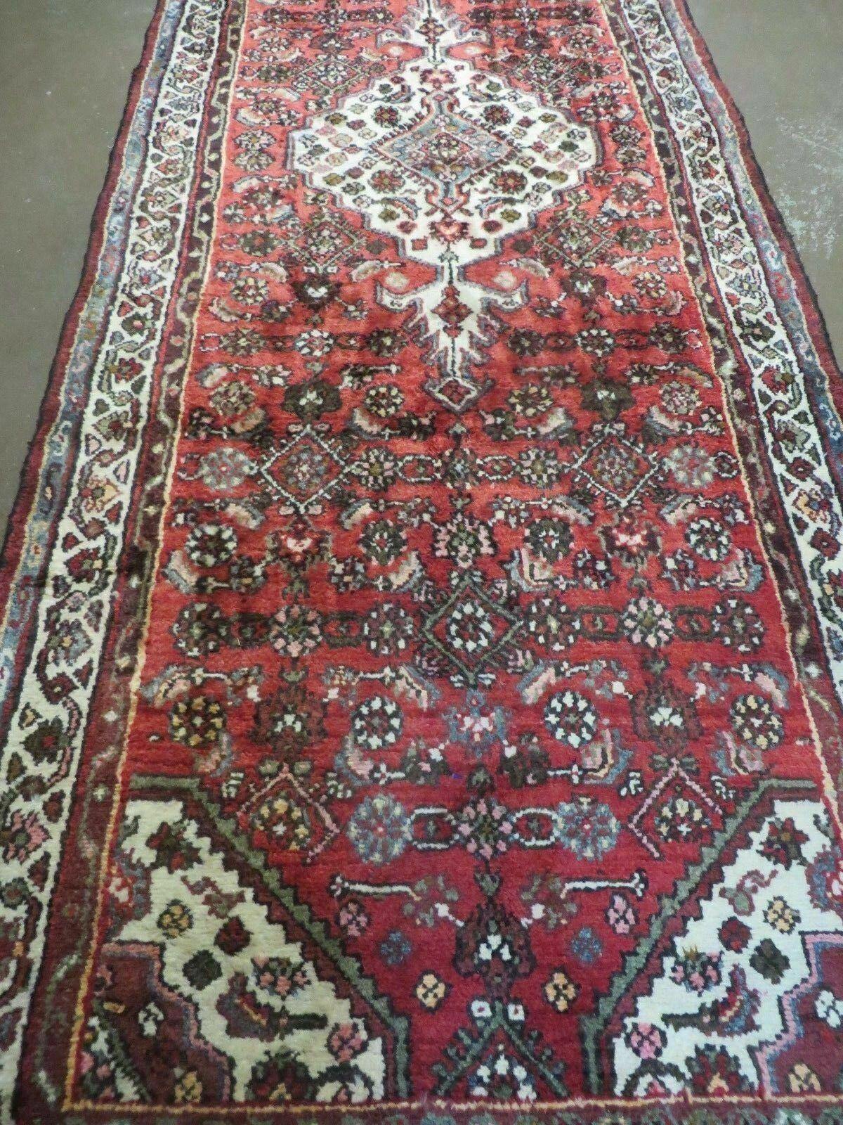 Persian Runner Rug, Antique Hamadan Runner, Wool Tribal Runner, Handmade Oriental Rug, Medallion Allover, Red & Cream, 3.4 x 9.5, 9ft Vintage Runner - Jewel Rugs