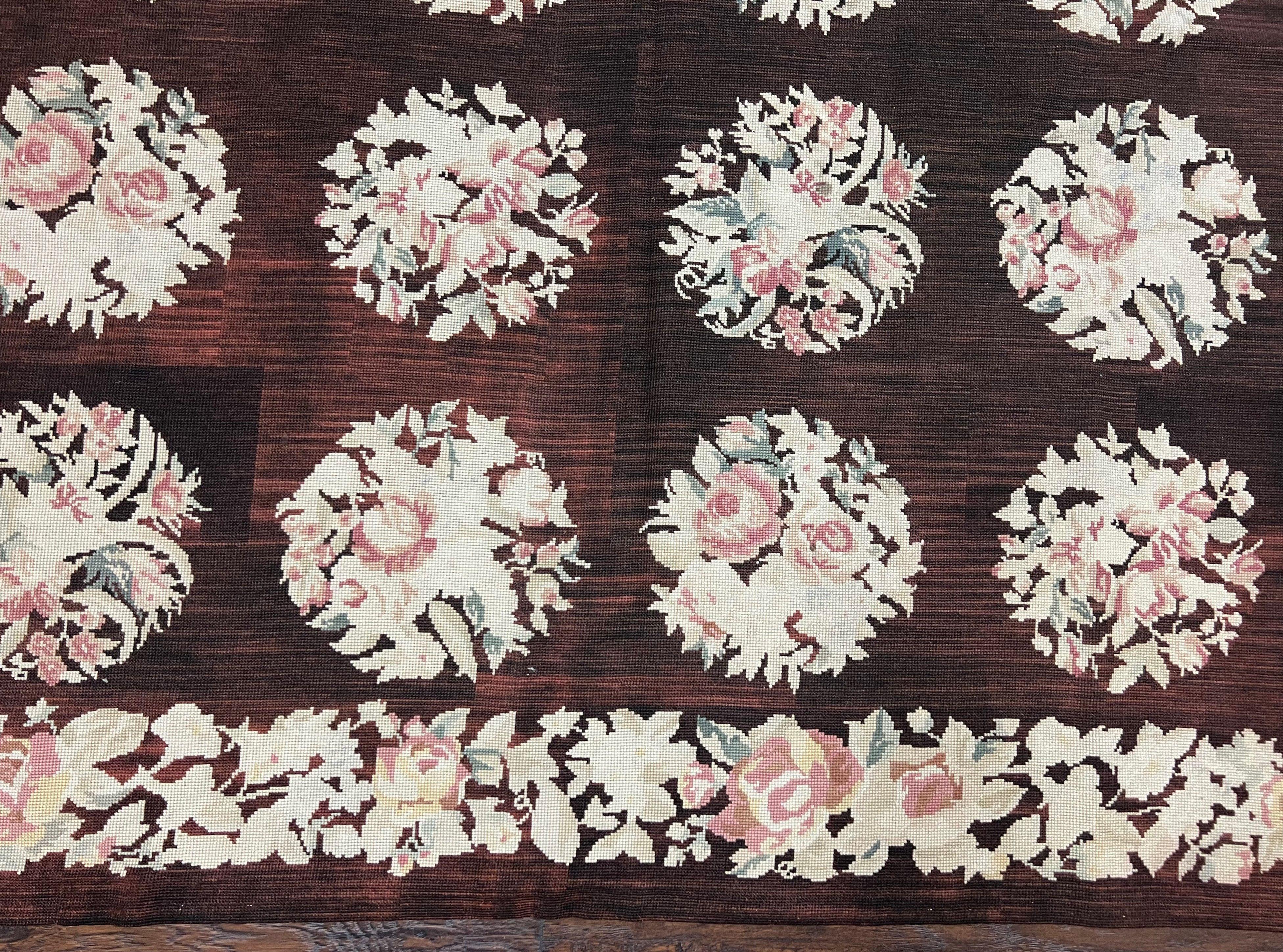 Floral Needlepoint Rug 5x7, Repeated Floral Motifs, Eggplant Color, Handmade Wool Vintage Needlepoint Area Rug 5 x 7 ft, Flatweave Rug - Jewel Rugs