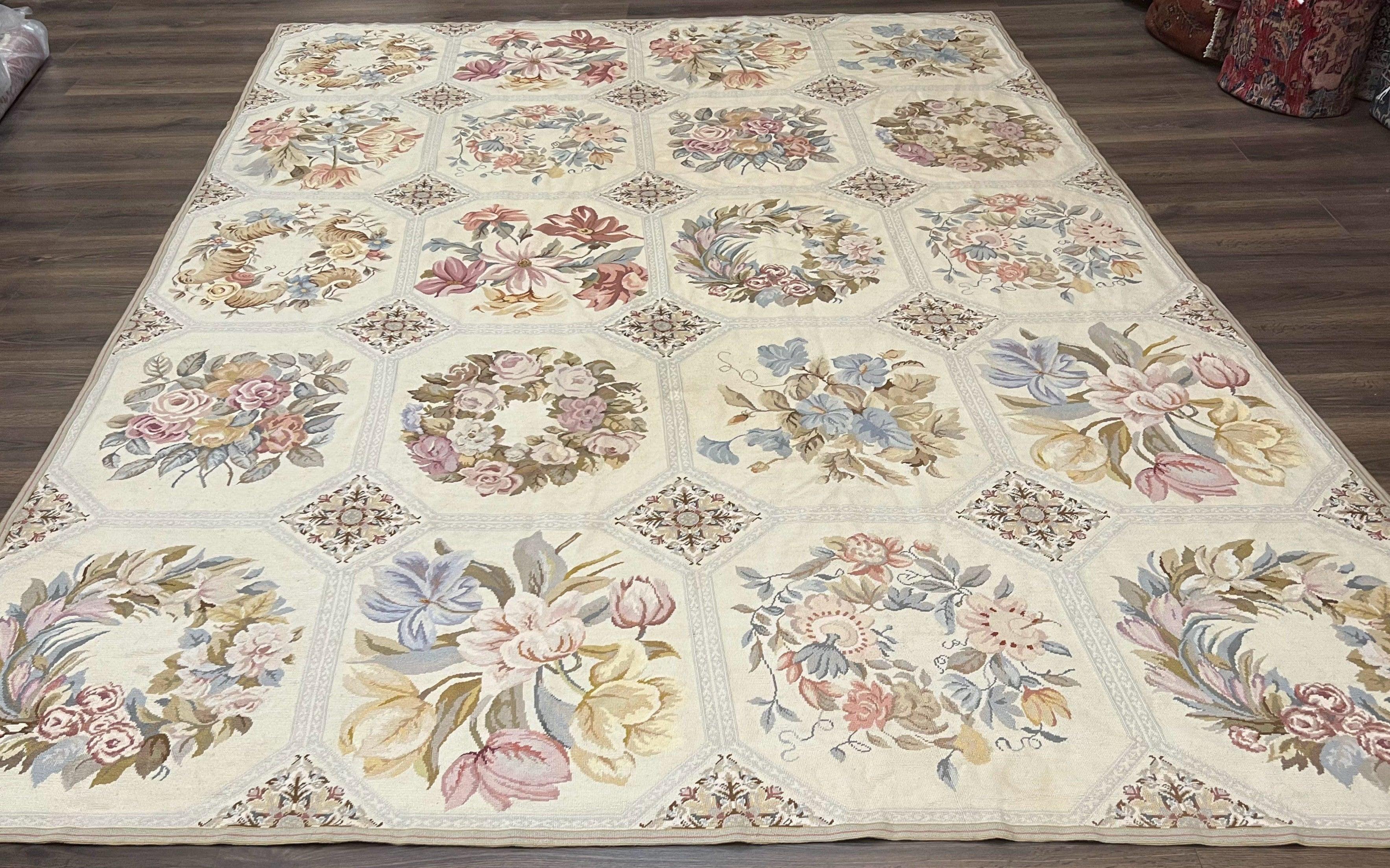 Vintage Needlepoint Rug 8x11, Floral Panel Design, Flatweave Handmade Needlepoint Carpet 8 x 11, Room Size Wool Needlepoint Rug, Cream Color - Jewel Rugs