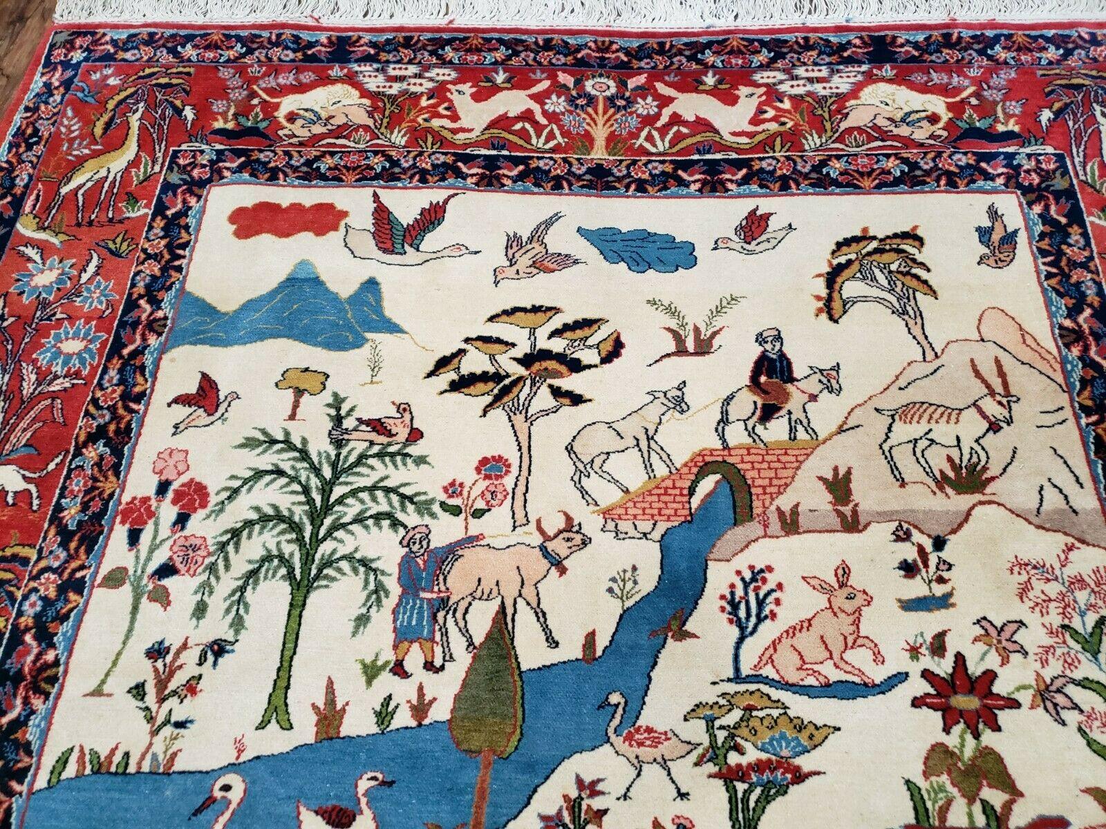 Antique Persian Isfahan Rug 5x7, Animal and Human Pictorials, Hand Knotted Fine Oriental Wool Carpet, Cream and Red, High KPSI, Vintage Rug 5 x 7 ft - Jewel Rugs