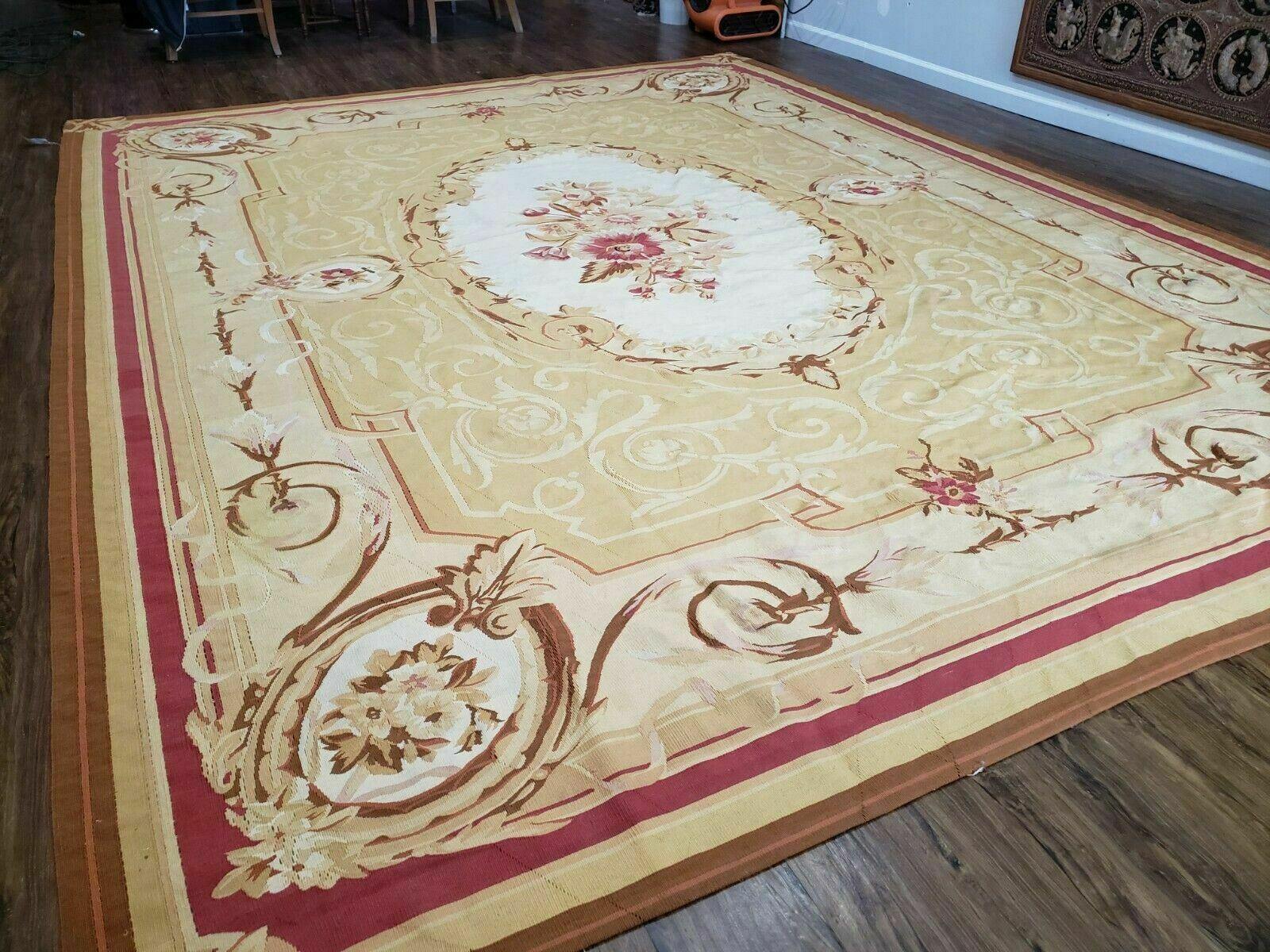 Aubusson Rug 10x13, Savonneire Carpet 10 x 13 ft, Handmade Vintage Flatweave Room Sized Wool Floral Aubusson, Cream/Tan Ivory Reds Pinks - Jewel Rugs