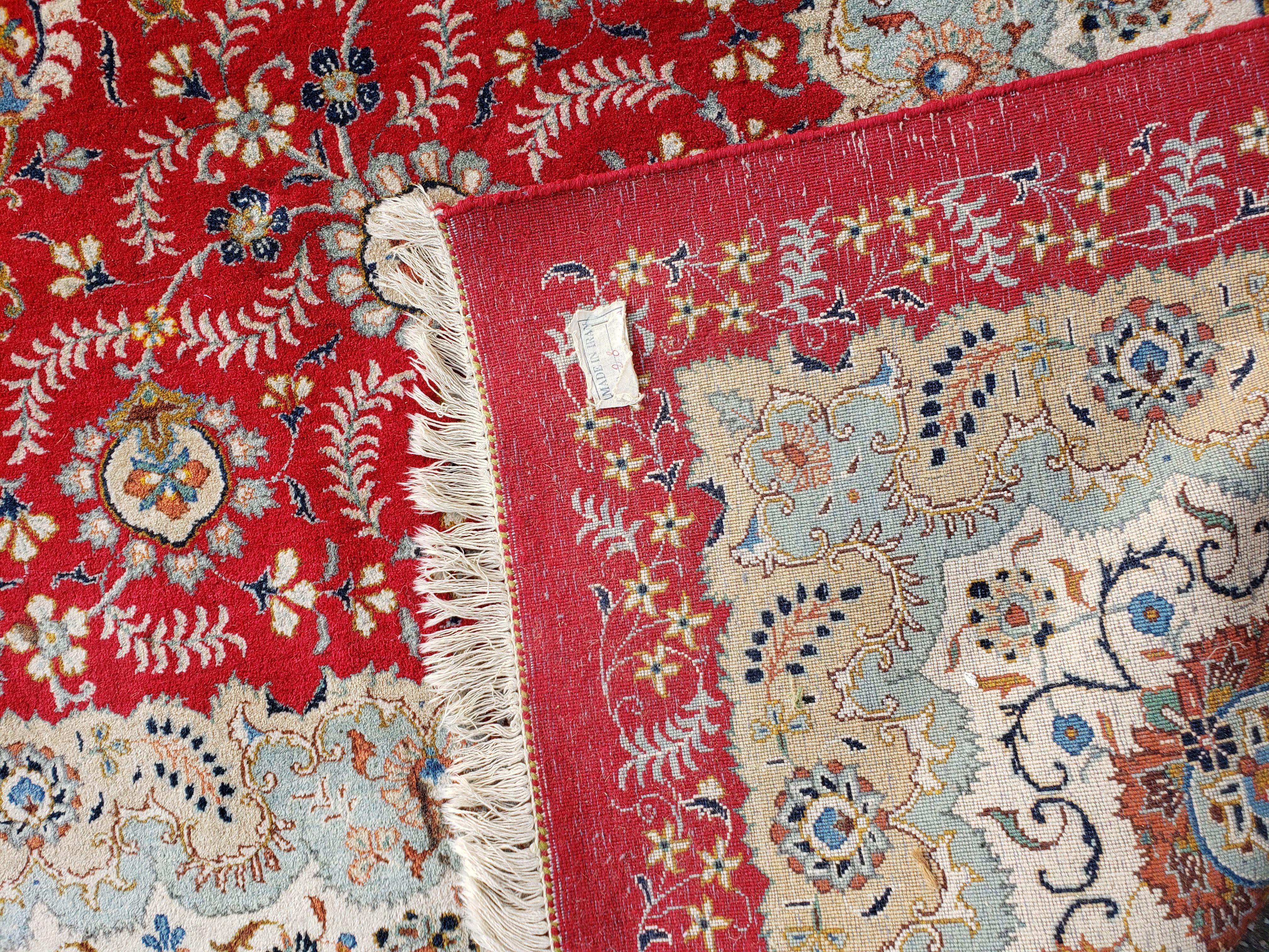 Signed Persian Kashan Rug 10x13 Oriental Carpet 10 x 13 Wool Rug, Allover Floral Medallion, Red Ivory Light Blue, Hand Knotted, Large Persian Rug - Jewel Rugs
