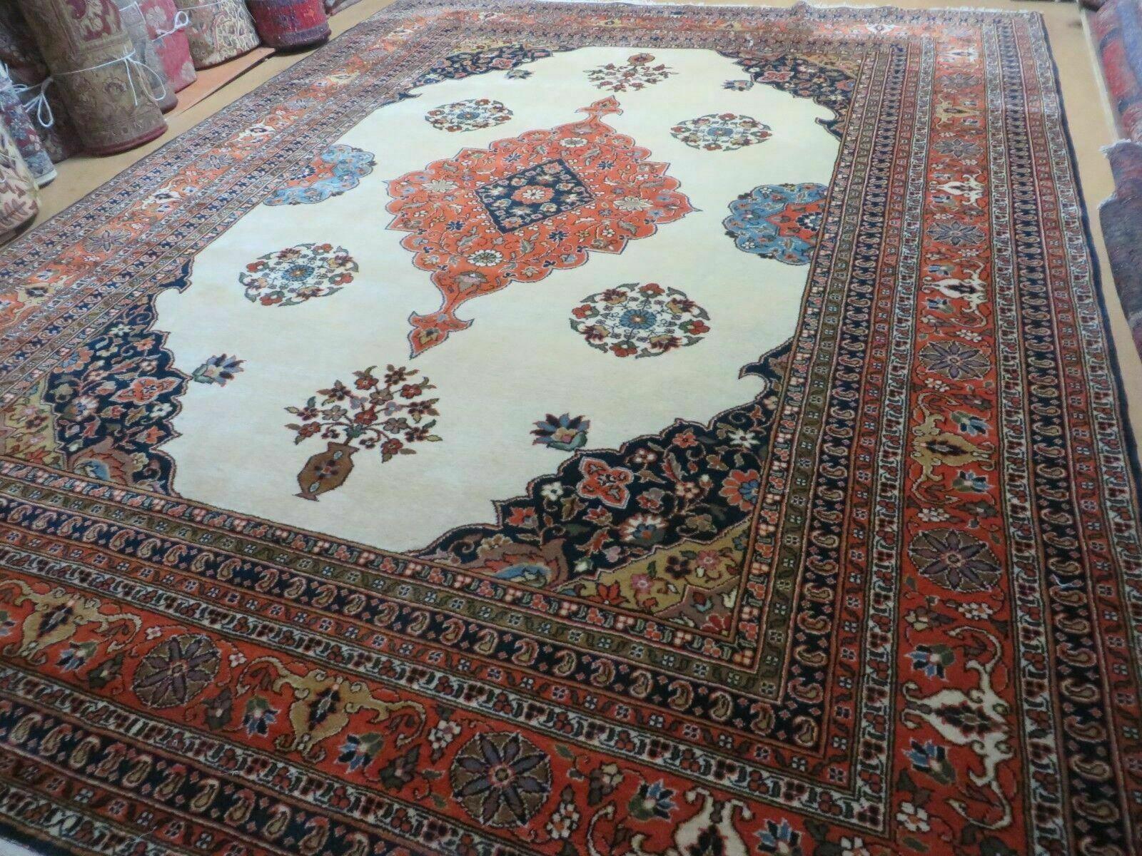 Indo Persian Rug 9x12, Semi Open Field Medallion, Ivory Tomato Red Navy Blue, Hand Knotted Indian Oriental Wool Carpet 9 x 12 ft, Room Sized - Jewel Rugs