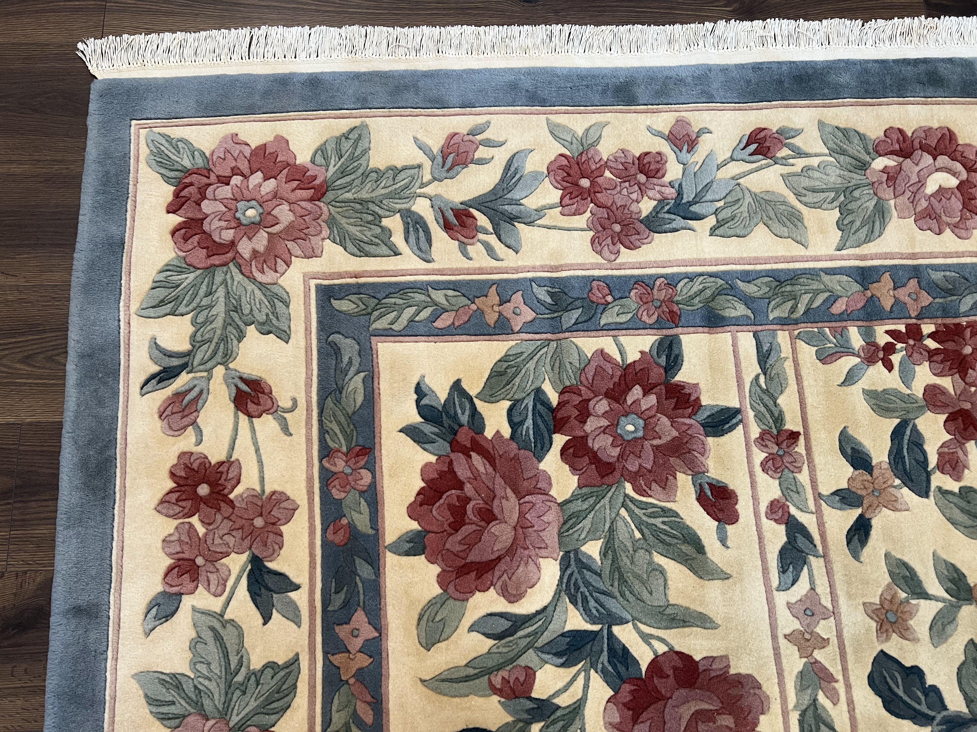 Chinese Wool Rug 8x11, Vintage 1960s Carpet, Cream and Teal, Floral Garden Panel, 8 x 11 ft Area Rug, Soft Handmade Room Sized 120 Line Rug - Jewel Rugs