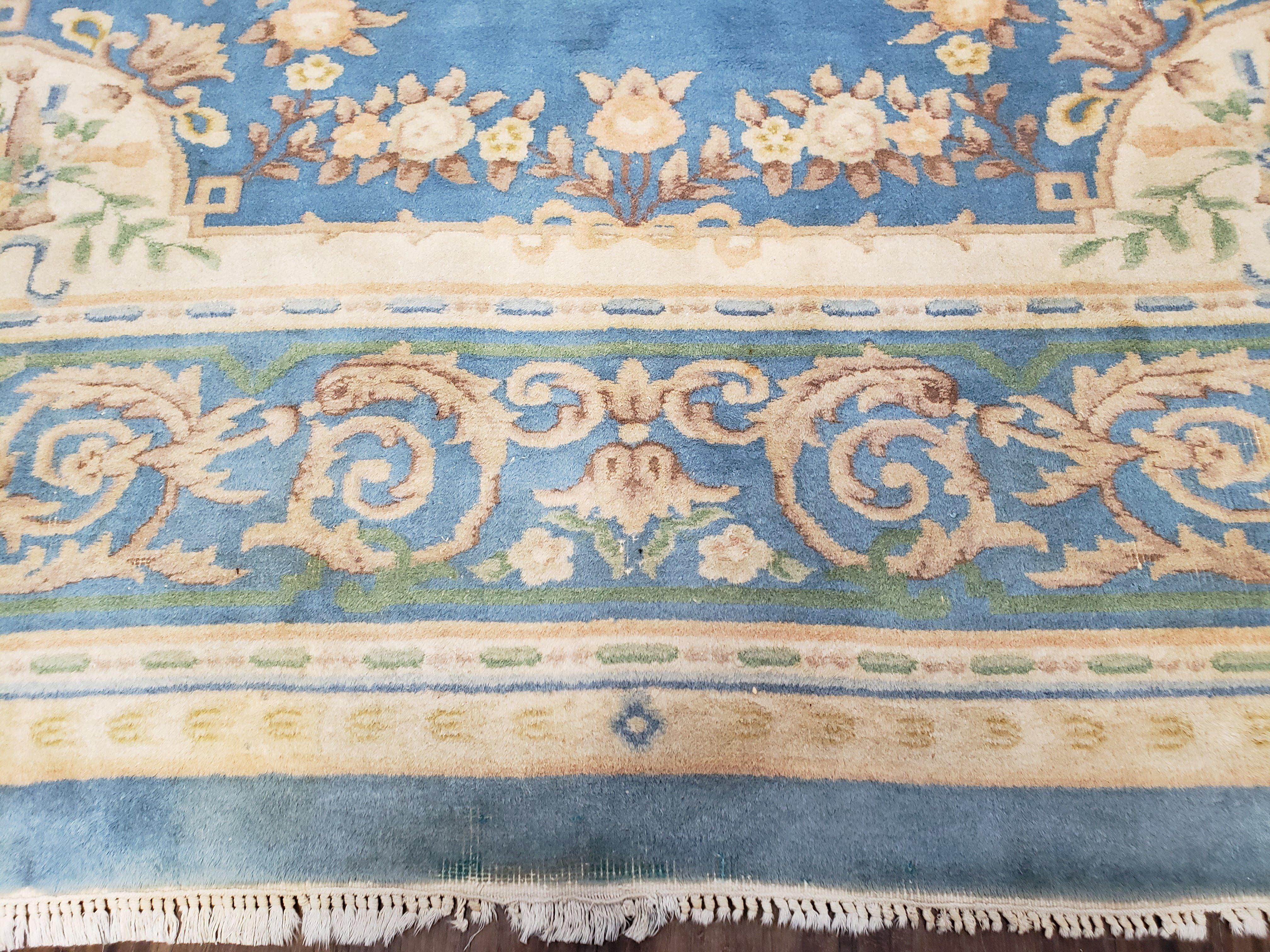 Light Blue and Ivory Rug, Indo Chinese Rug, Aubusson Rug, 8x11 - 9x12 Rugs, Room Sized Rug, Handmade Wool Area Rug, Vintage Rug, Sky Blue - Jewel Rugs