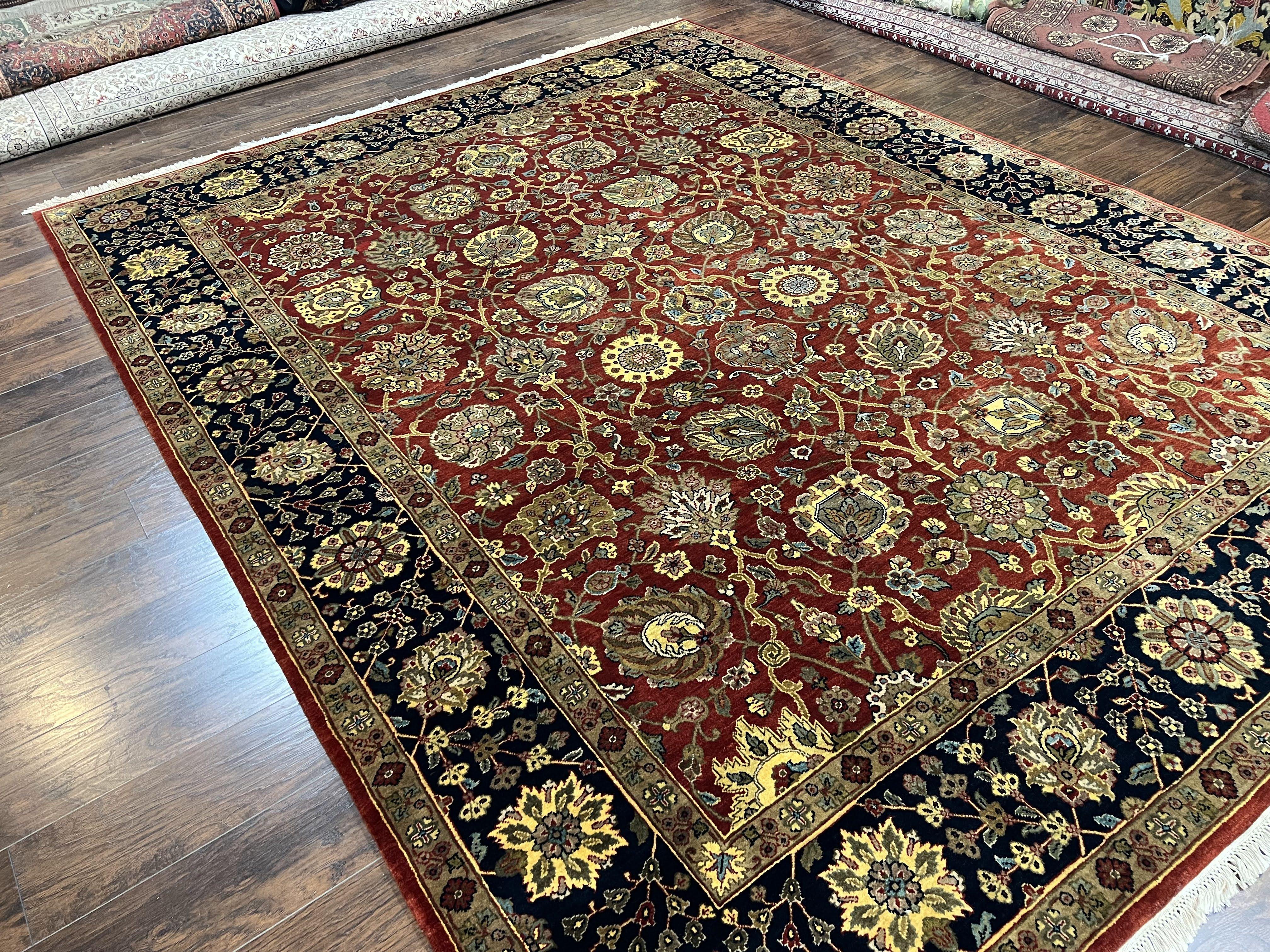 Indo Persian Rug 9x12, Hand Knotted Traditional Indian Wool Oriental Carpet 9 x 12 ft, Maroon and Navy Blue, Floral Allover 9x12 Vintage Rug - Jewel Rugs
