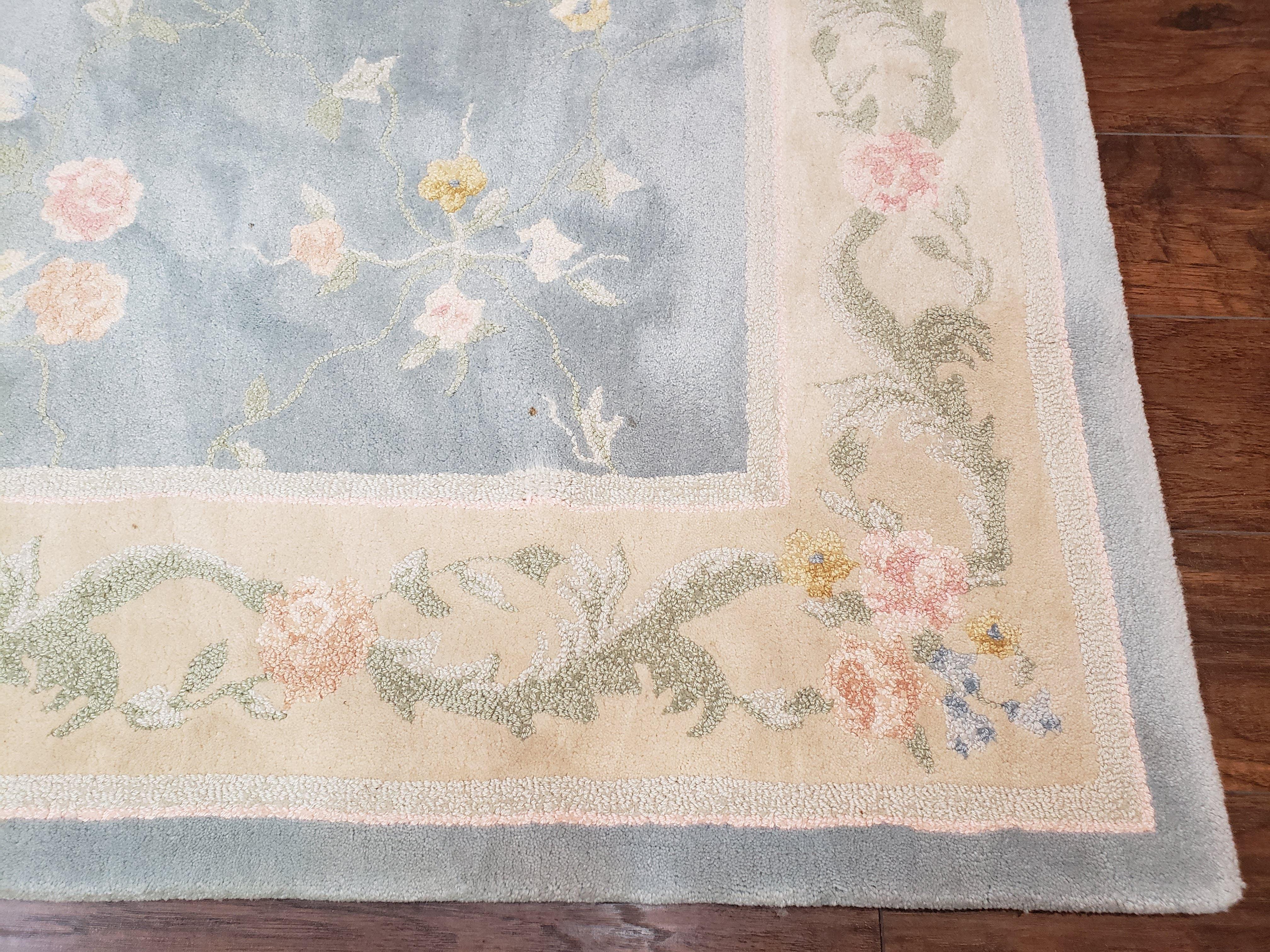 Vintage Edward Fields Room Size Area Rug 10x15, Wool Hand Tufted Light Blue Cream Floral American Carpet, 10 x 15 Large Living Room Rug - Jewel Rugs
