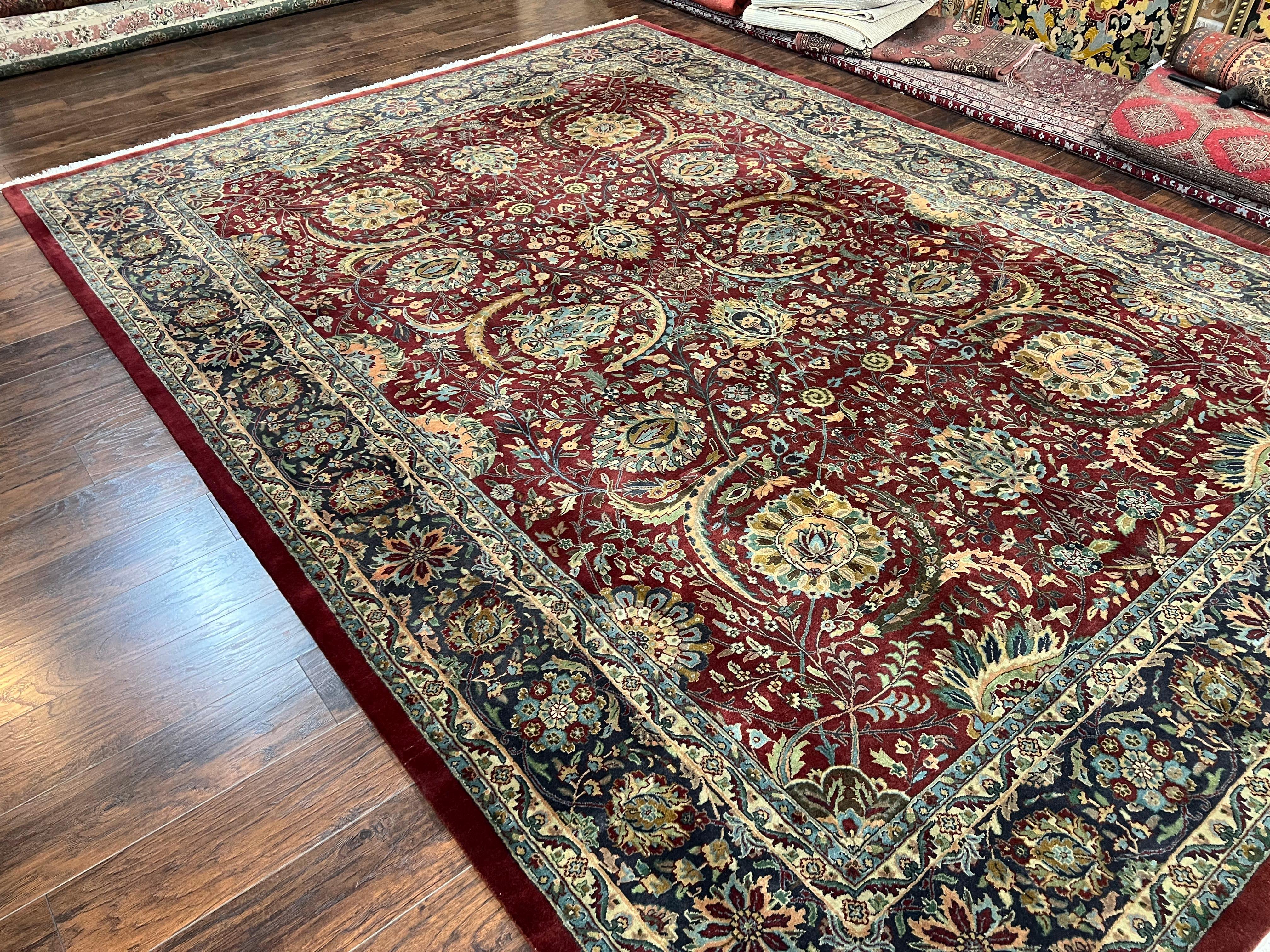 Large Indian Agra Rug 10x13, Maroon Midnight Blue Tan Hand Knotted Wool Oriental Carpet 10 x 13 ft, Floral Allover, Vintage Traditional Rug - Jewel Rugs