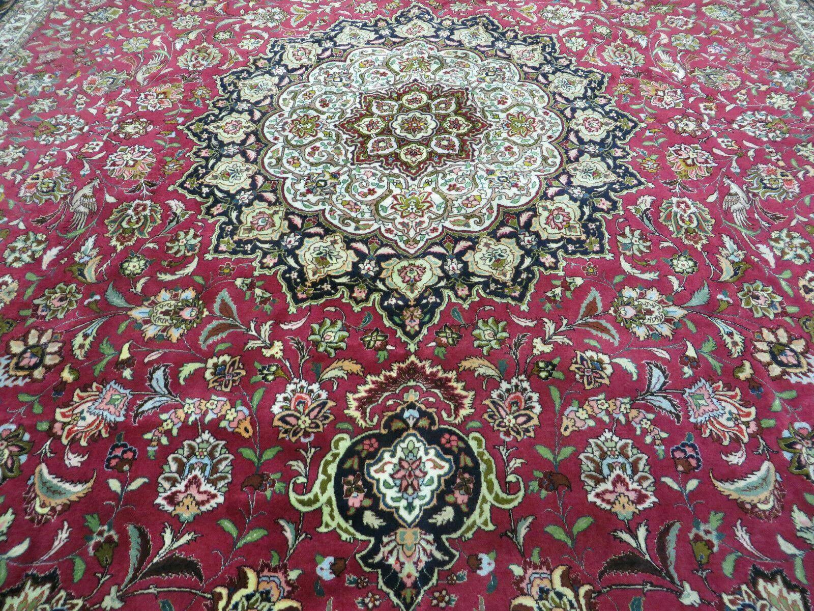 Persian Tabriz Rug 10x14 Oriental Carpet 10 x 14 Wool and Silk Top Quality Fine, Central Medallion Floral Allover, Red, Birds, Hand Knotted Vintage - Jewel Rugs