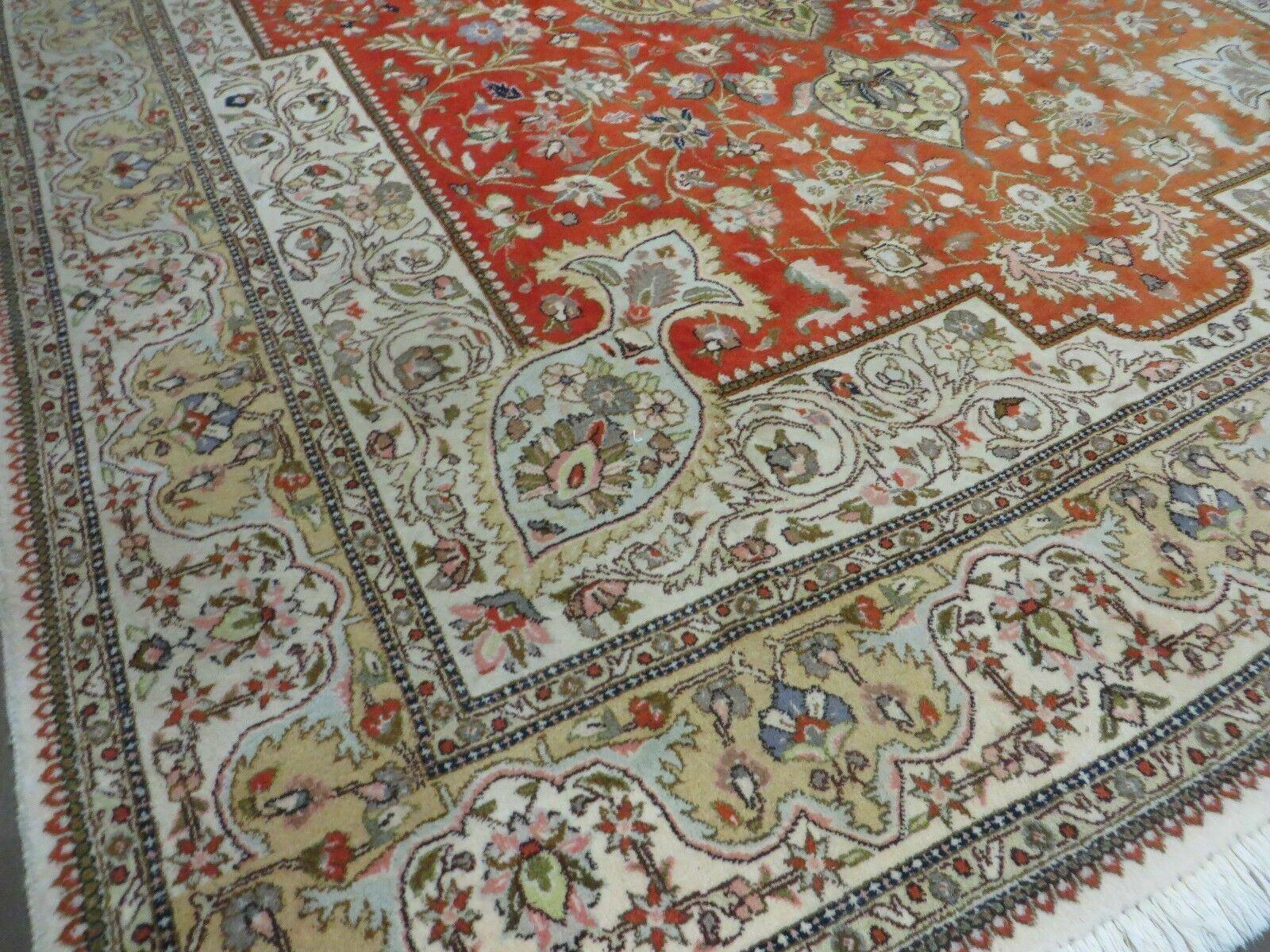 Vintage Persian Tabriz Rug 9x12, Tabatabaie Rug 9x12 Carpet, Handmade Hand Knotted Wool Area Rug, Tomato Red Beige, Medallion Rug, Floral - Jewel Rugs