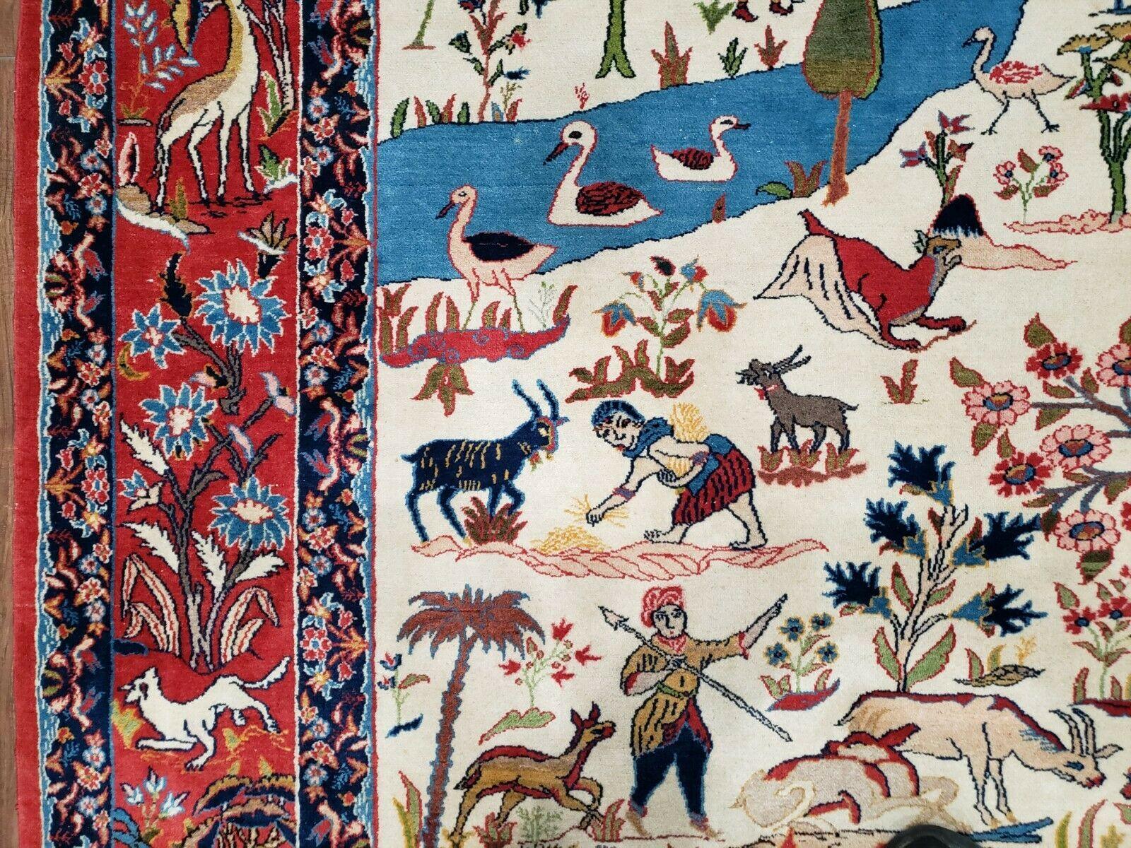 Antique Persian Isfahan Rug 5x7, Animal and Human Pictorials, Hand Knotted Fine Oriental Wool Carpet, Cream and Red, High KPSI, Vintage Rug 5 x 7 ft - Jewel Rugs