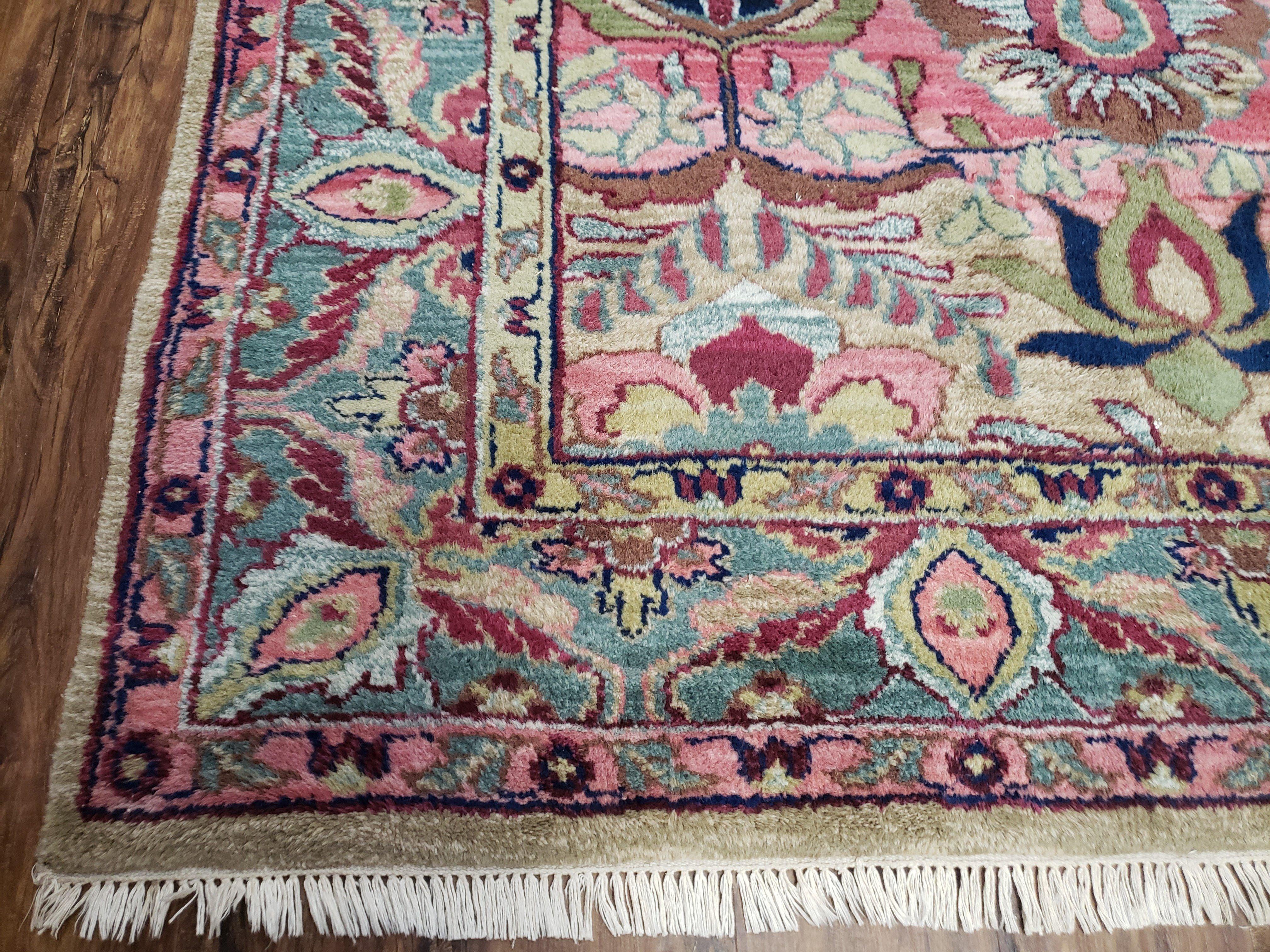 Indo Persian Rug, 6x9 Rug, Medium Sized Handmade Area Rug, Pink and Teal Oriental Carpet, Indian Rug, Vintage Rug, Hand Knotted Rug, Unique - Jewel Rugs