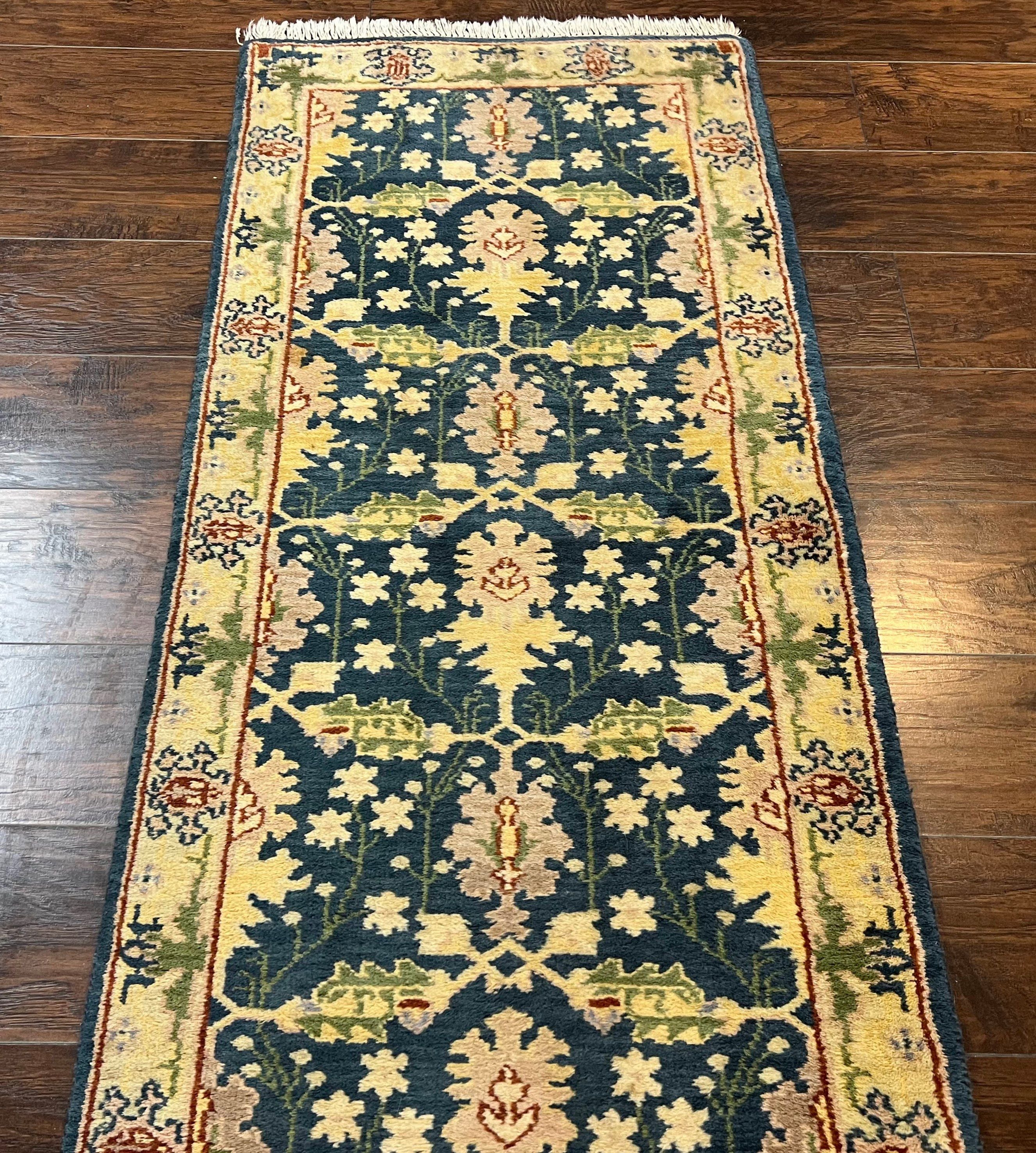 Indian Runner Rug 2.6 x 12, Navy Blue Beige Oriental Runner Rug 12ft Long, Narrow Hallway Runner, Wool Hand Knotted Indo Persian Mahal Rug - Jewel Rugs