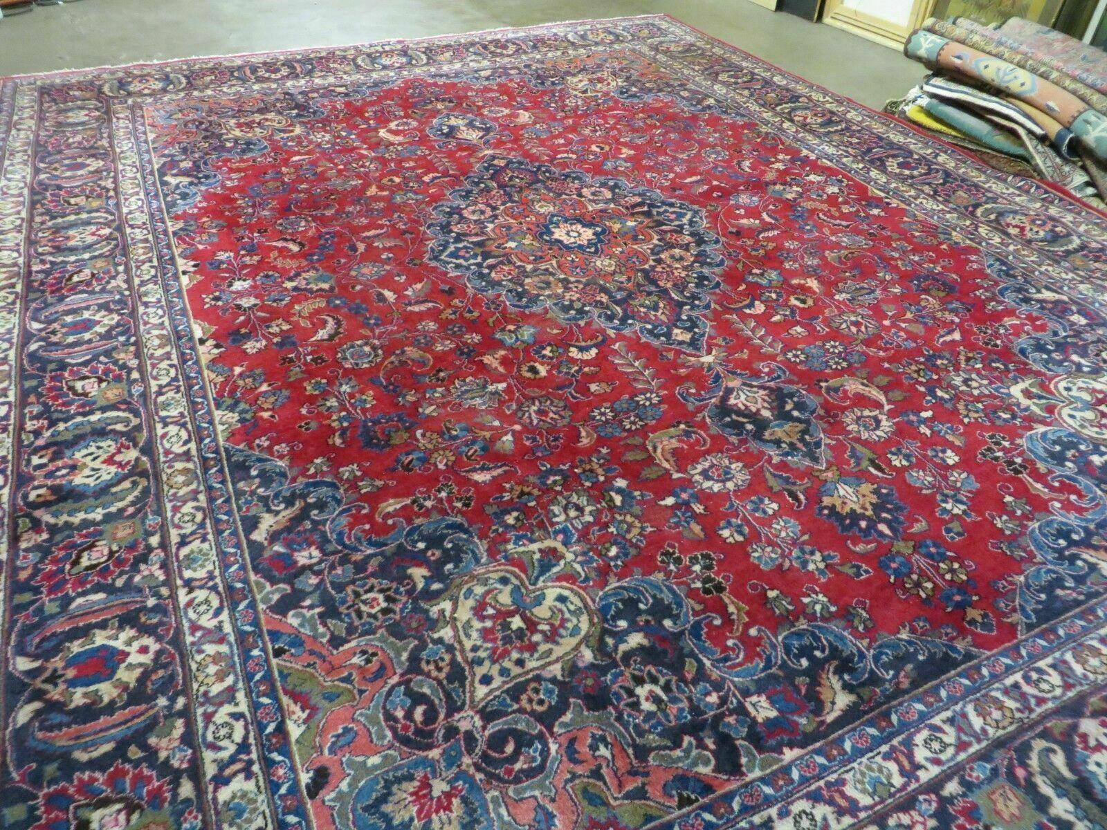Signed Persian Mashad Rug 10x13 Oriental Carpet, Semi Antique Rug 10 x 13 Vintage Rug, Hand Knotted, Traditional, Red Blue Cream, Medallion Allover - Jewel Rugs