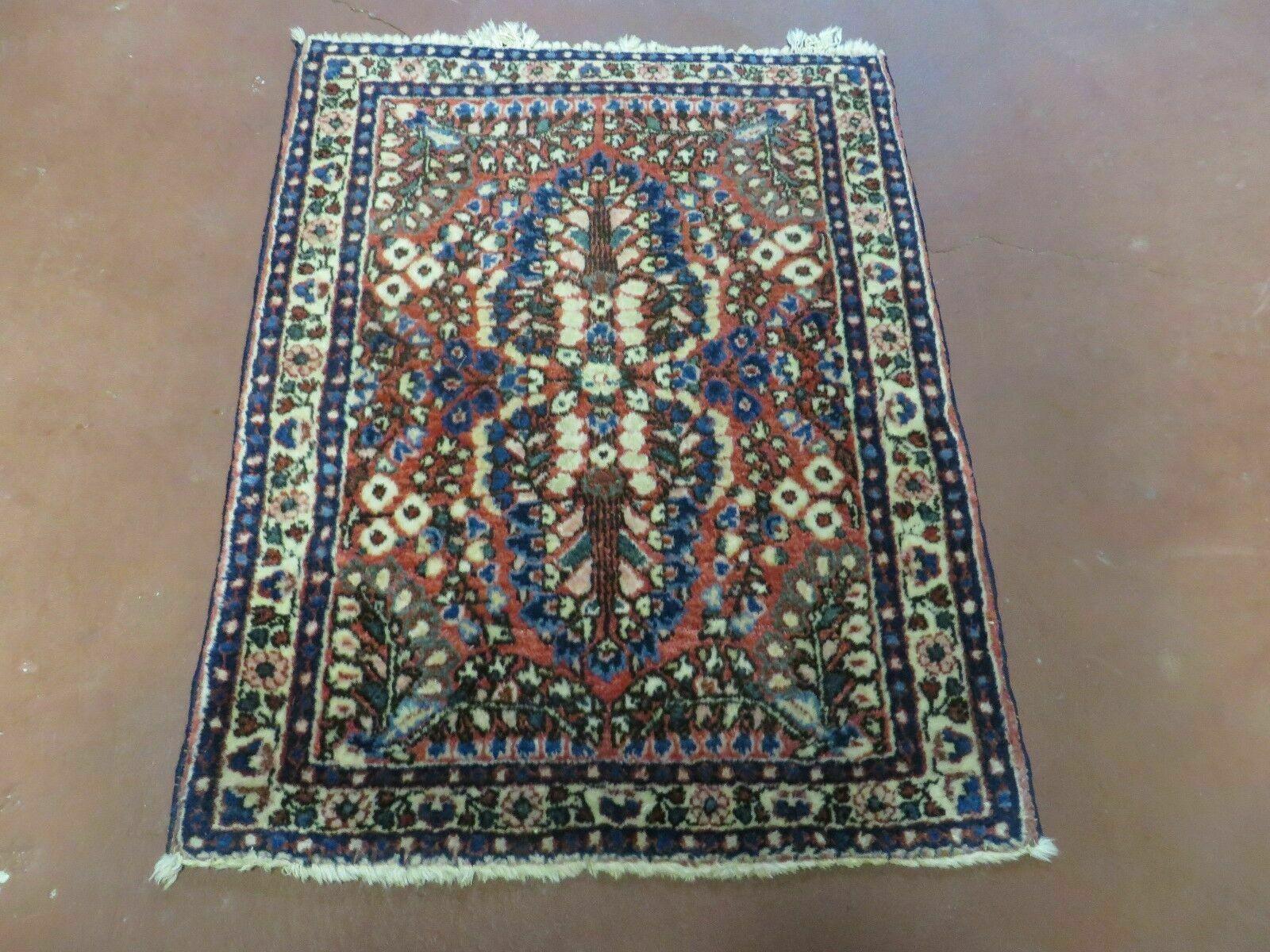 Small Persian Rug 2 x 2.6 Tiny Persian Sarouk Carpet, Red Blue Cream, Floral Design, Antique Wool Rug, Handmade Hand-Knotted, Oriental Rug Mat 2x3 - Jewel Rugs