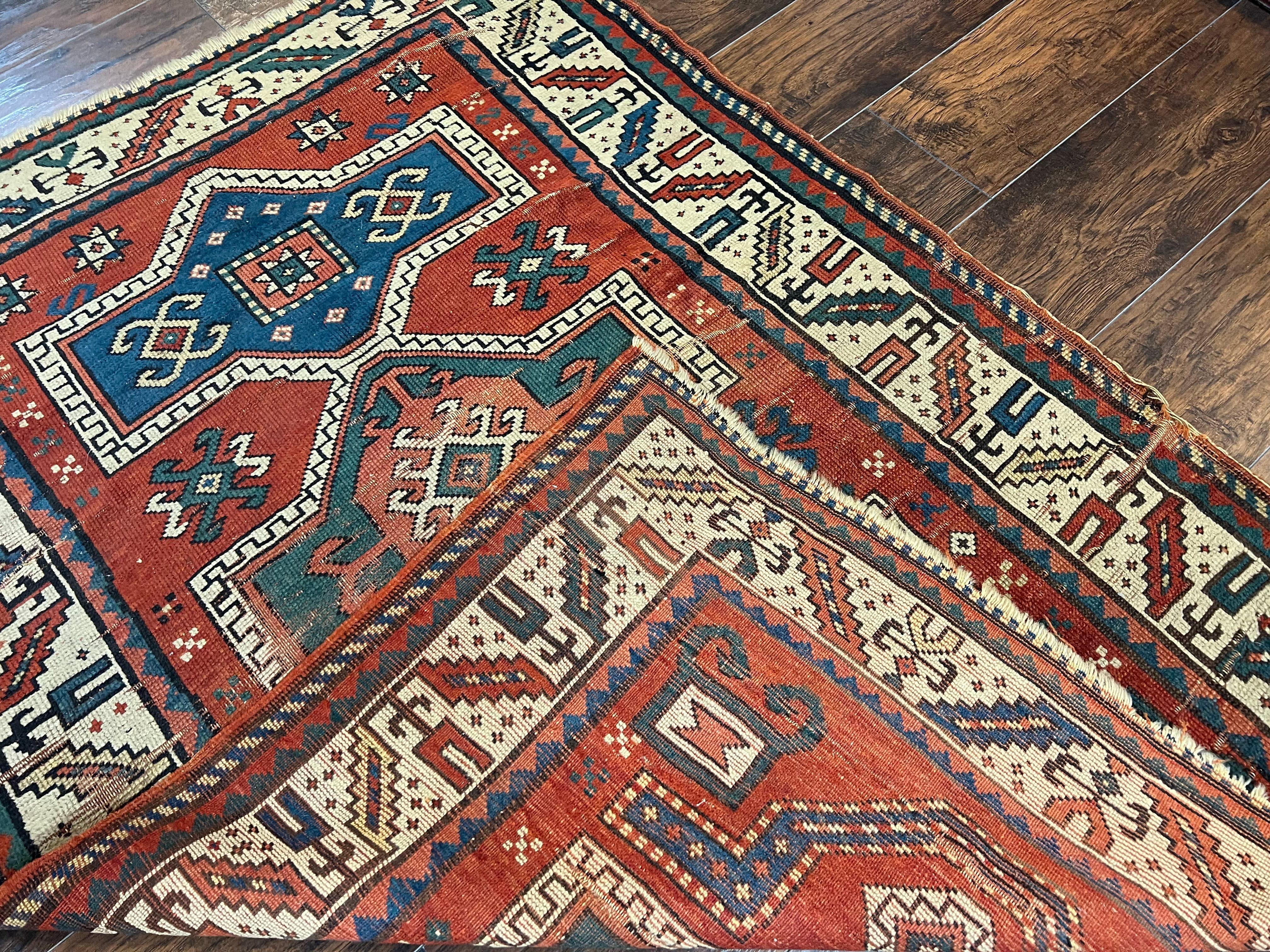 Antique Caucasian Rug 4x5, Geometric Kazak Rug circa 1920s, Hand Knotted Wool Oriental Carpet, Rust Red-Orange and Cream, Collectible Rug - Jewel Rugs