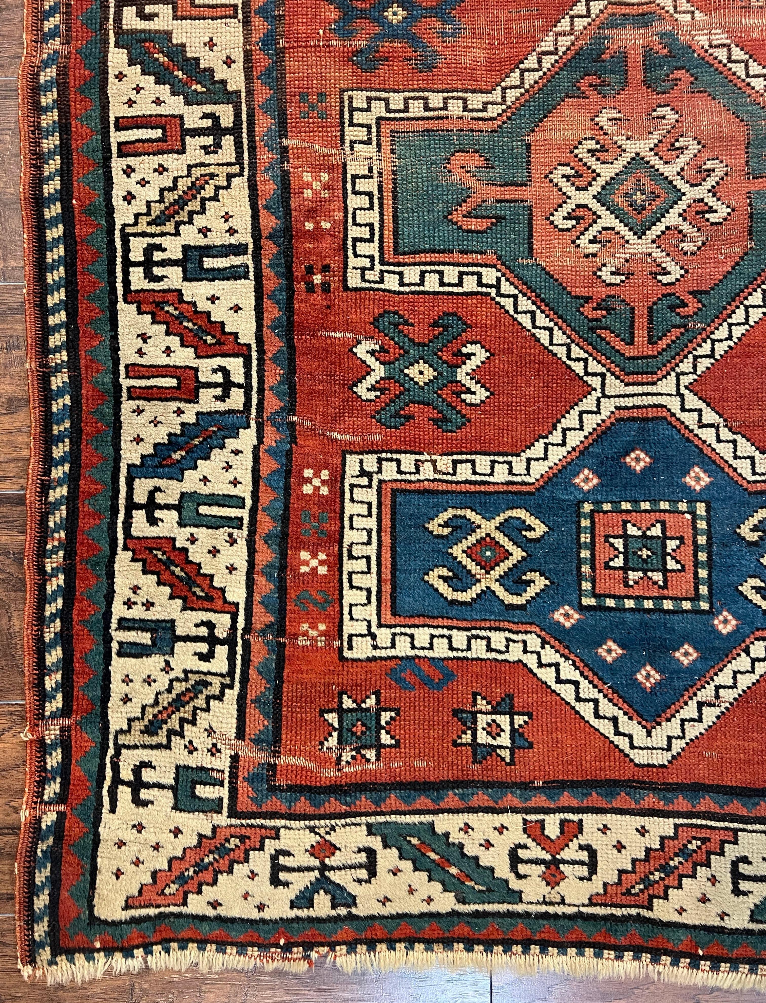 Antique Caucasian Rug 4x5, Geometric Kazak Rug circa 1920s, Hand Knotted Wool Oriental Carpet, Rust Red-Orange and Cream, Collectible Rug - Jewel Rugs