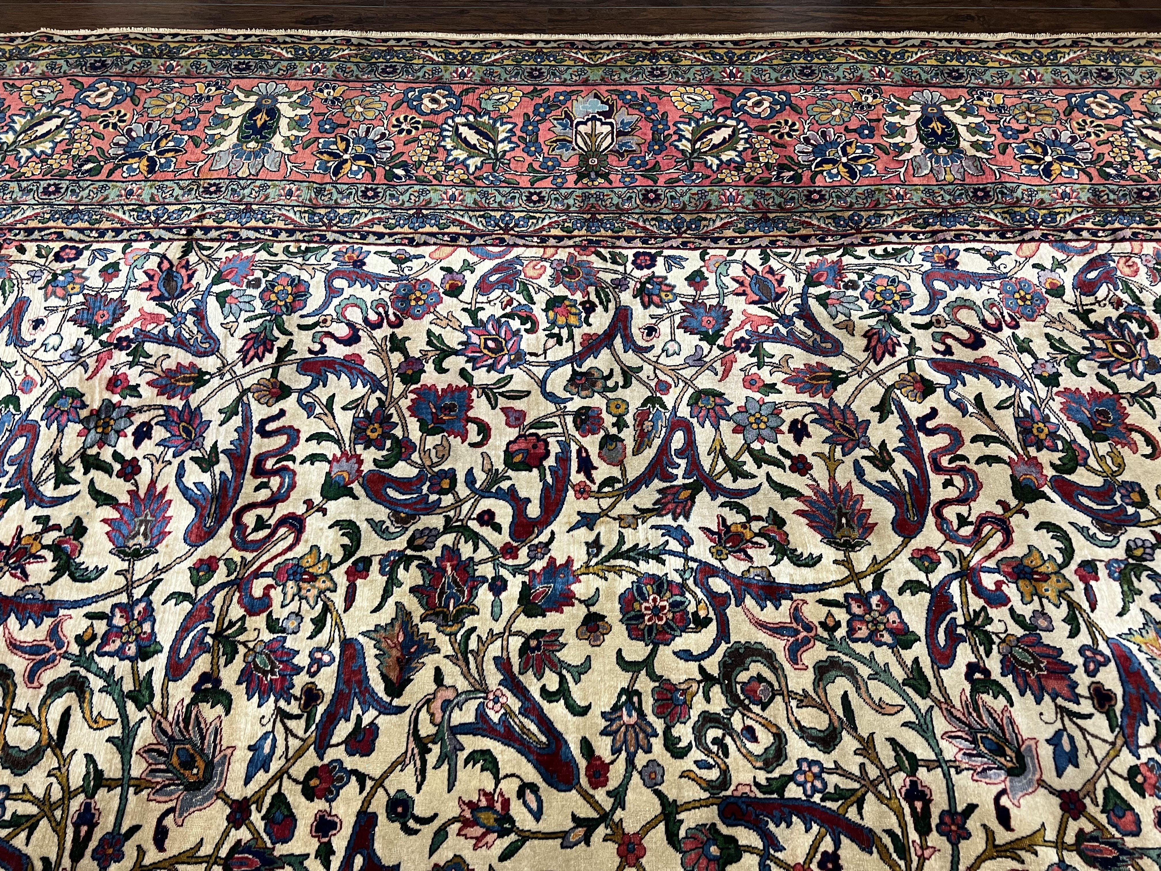 Rare Room Sized Persian Kirman Lavar Rug 10x15, Antique 1920s Persian Carpet, Allover Floral Design, Cream Red Blue, Highly Detailed, Wool - Jewel Rugs