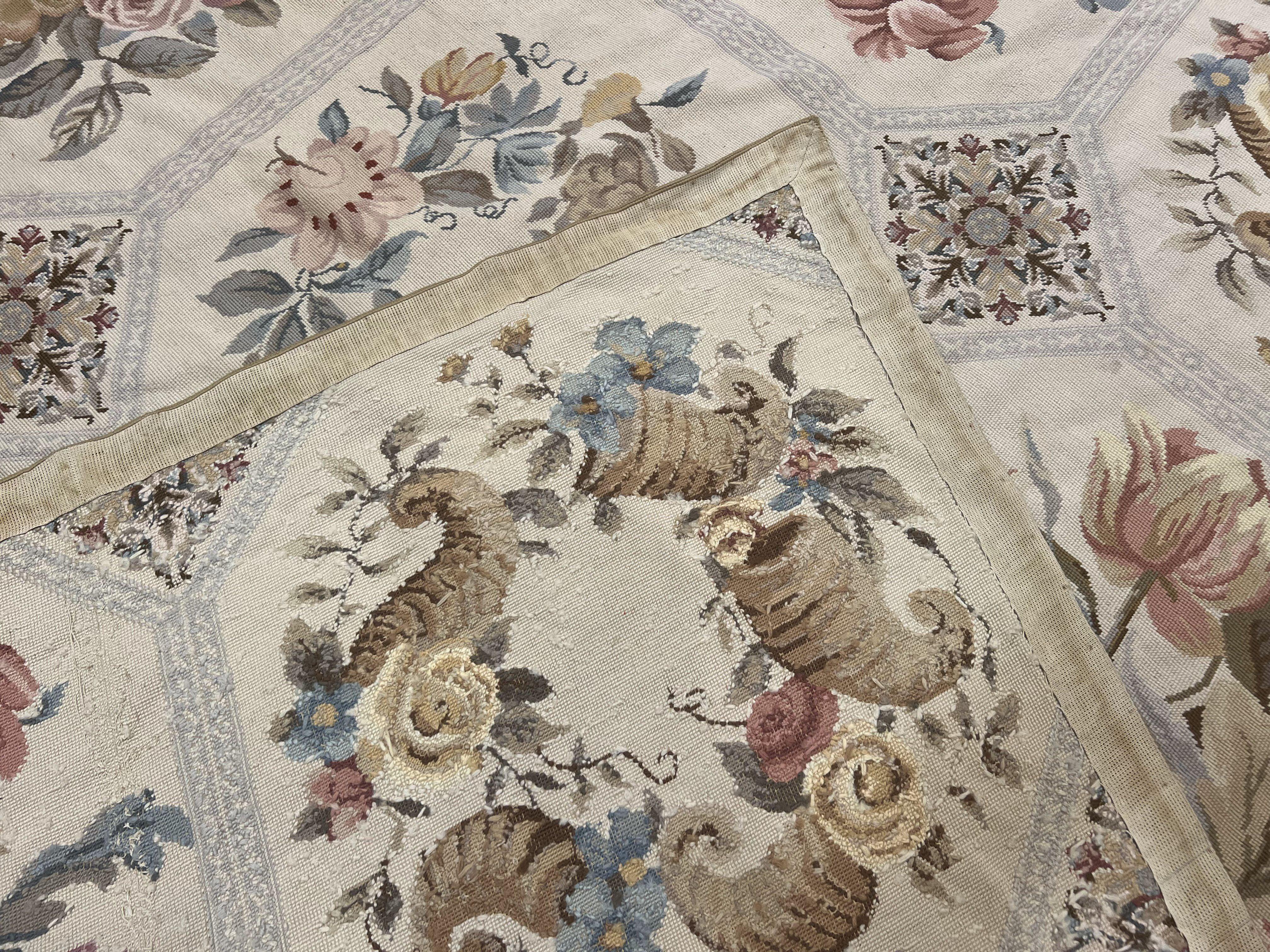 Vintage Needlepoint Rug 8x11, Floral Panel Design, Flatweave Handmade Needlepoint Carpet 8 x 11, Room Size Wool Needlepoint Rug, Cream Color - Jewel Rugs