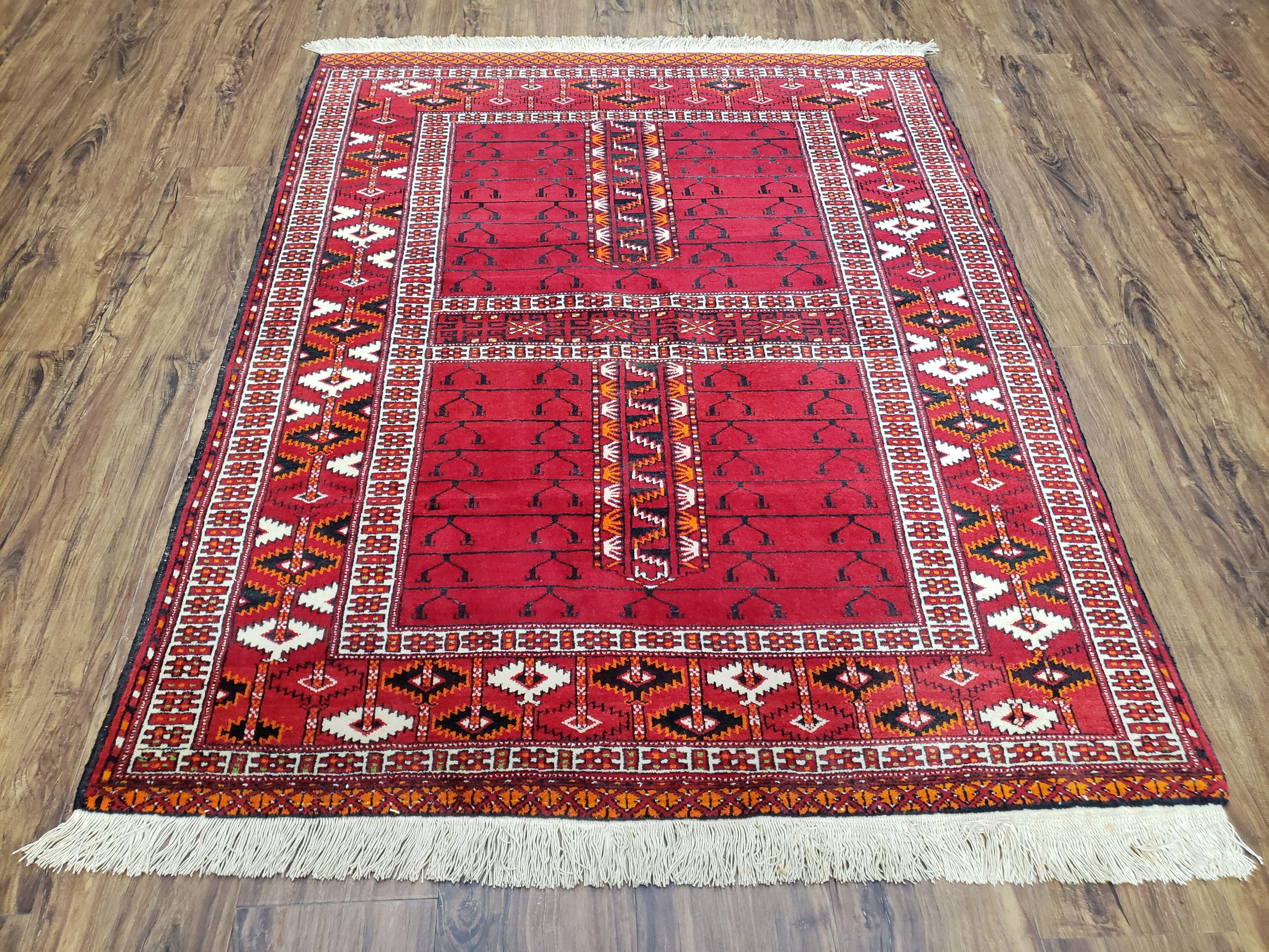 Antique Persian Turkoman Rug 4x5, Hatchli Tekkeh Ersari Red Tribal Rug, Handmade Wool Oriental Carpet, Four Seasons Rug - Jewel Rugs