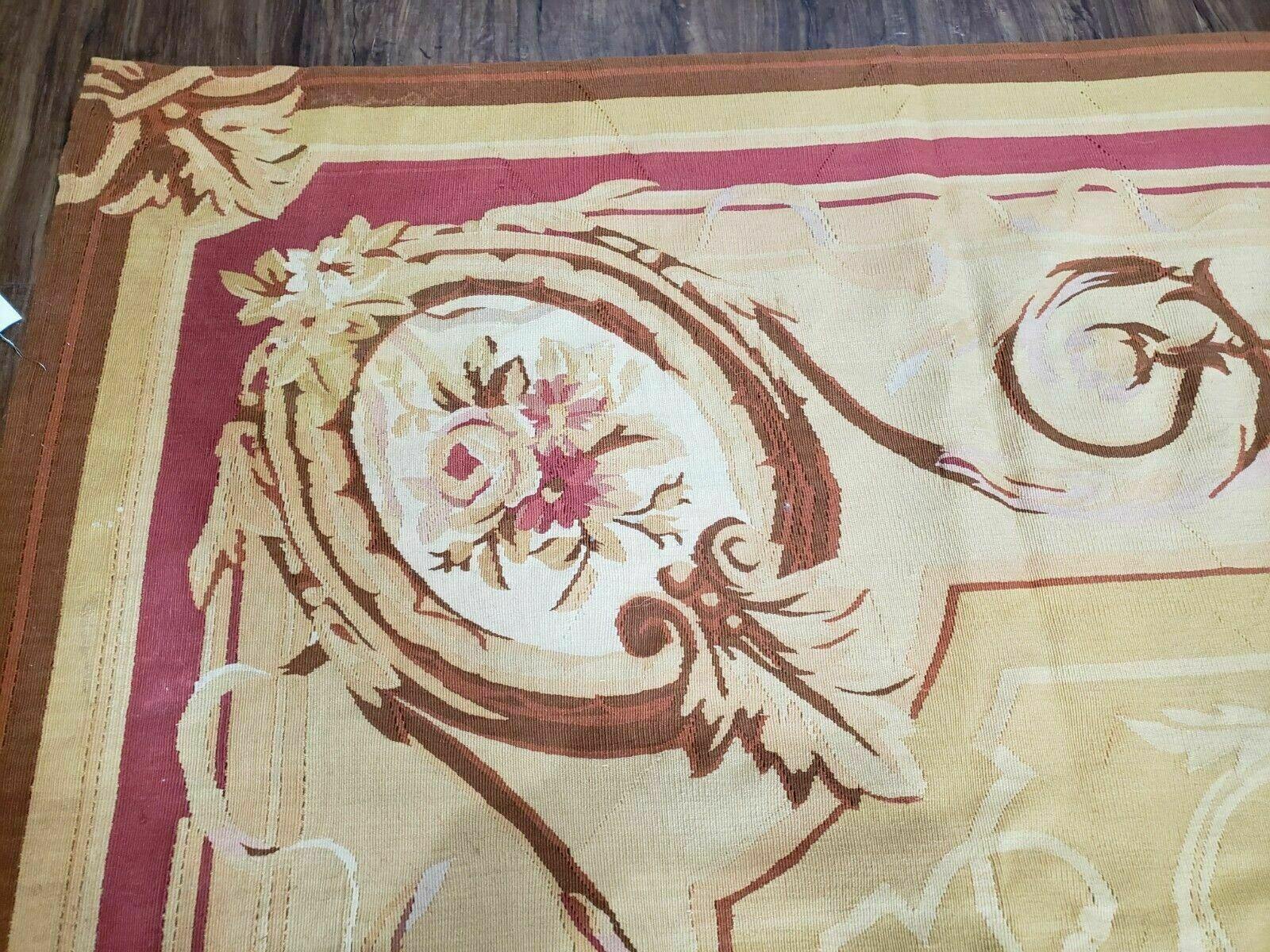 Aubusson Rug 10x13, Savonneire Carpet 10 x 13 ft, Handmade Vintage Flatweave Room Sized Wool Floral Aubusson, Cream/Tan Ivory Reds Pinks - Jewel Rugs