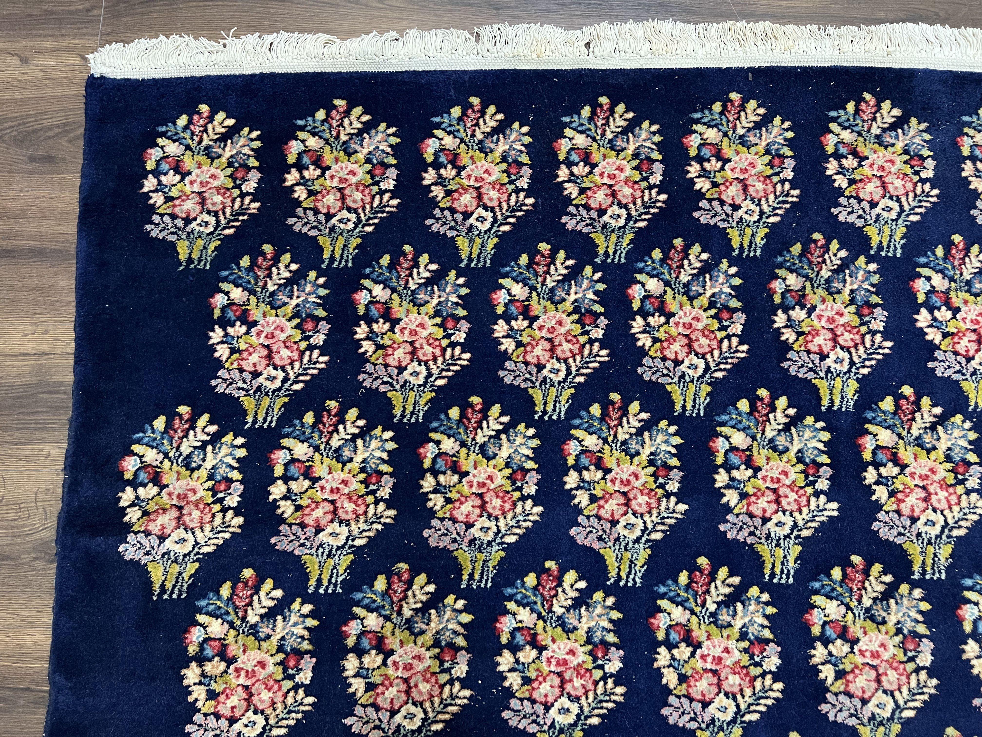 Persian Rug 9x12, Authentic Hand Knotted Carpet, Repeated Floral Motif Garden of Eden, Navy Blue Wool Rug 9 x 12, Semi Antique Kirman Rug - Jewel Rugs