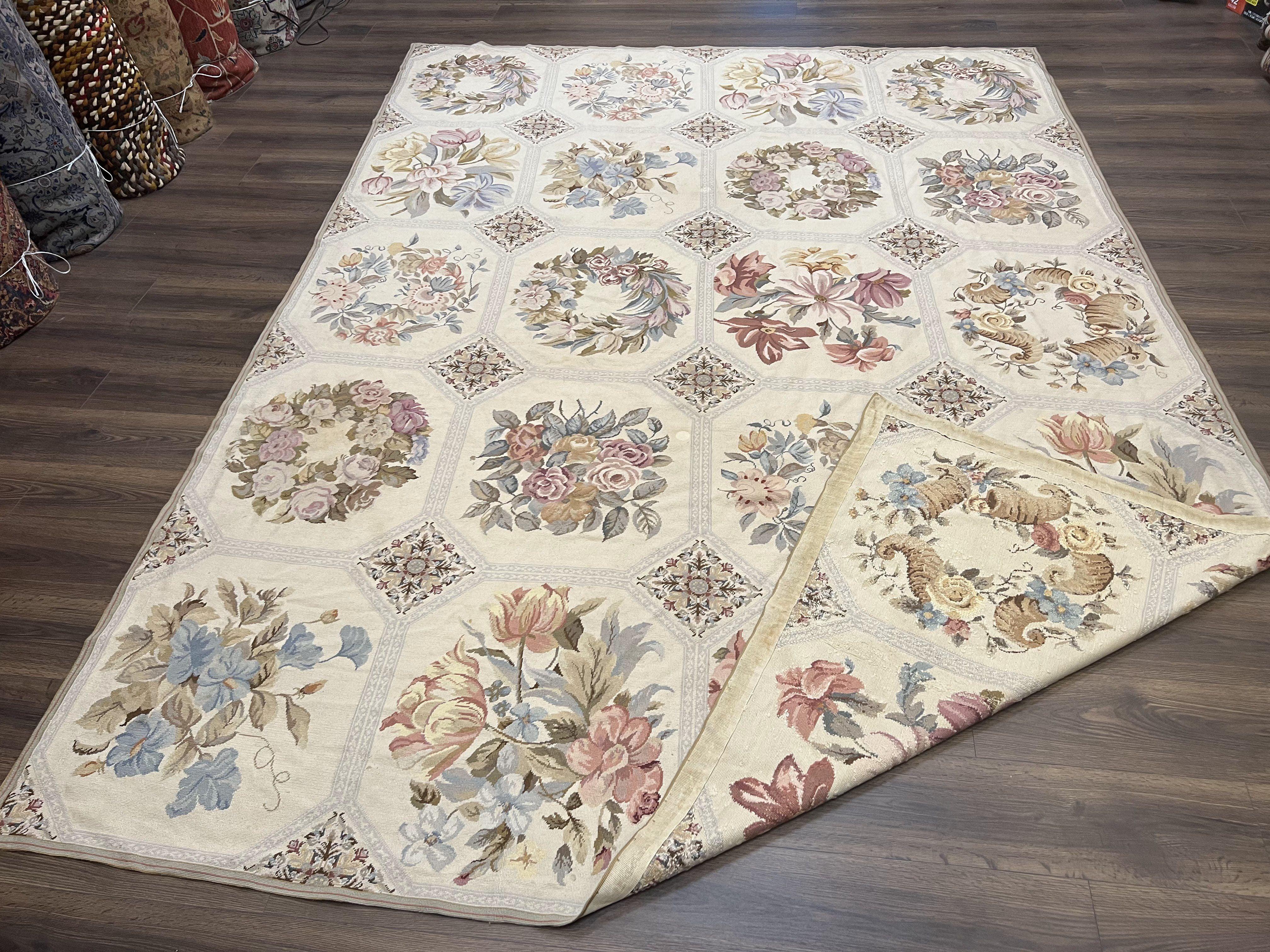 Vintage Needlepoint Rug 8x11, Floral Panel Design, Flatweave Handmade Needlepoint Carpet 8 x 11, Room Size Wool Needlepoint Rug, Cream Color - Jewel Rugs