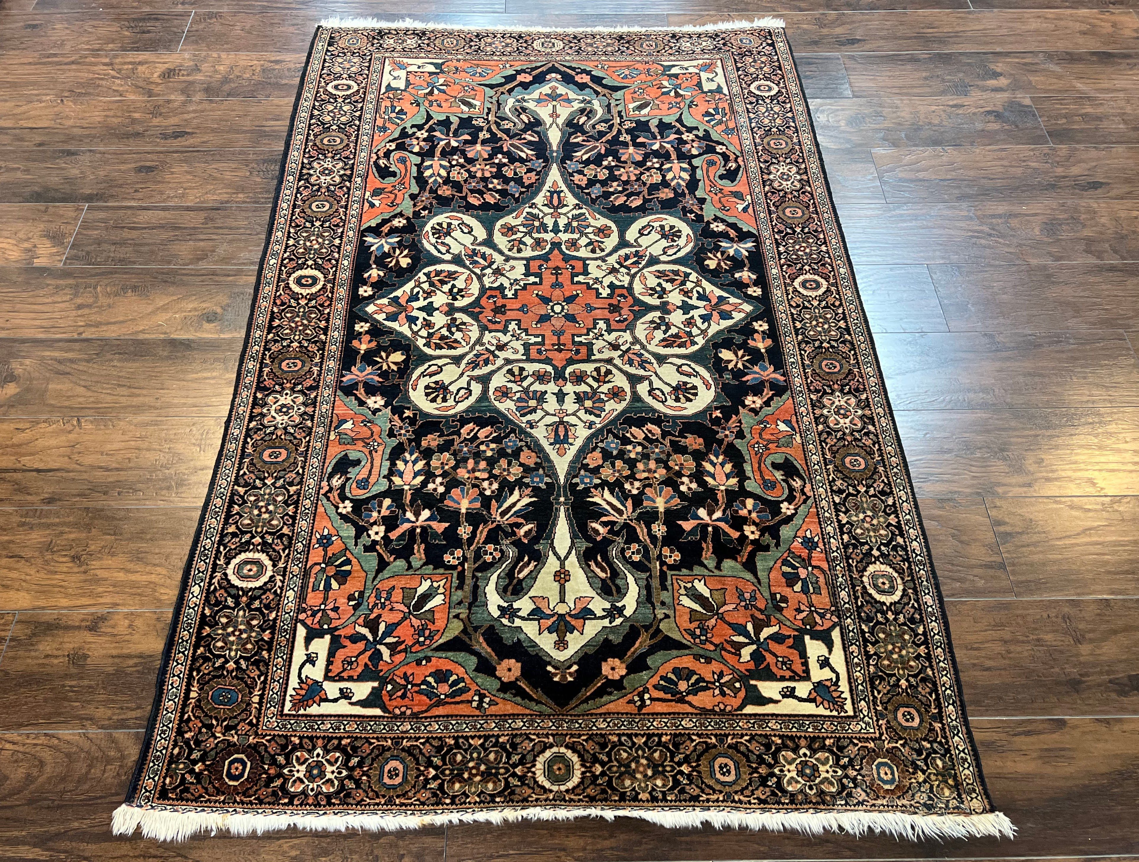Antique Persian Sarouk Rug 4x7, Sarouk Farahan Carpet, 1880s Antique Oriental Rug, Late 19th Century, Handmade, Medallion, Cream Navy Red - Jewel Rugs