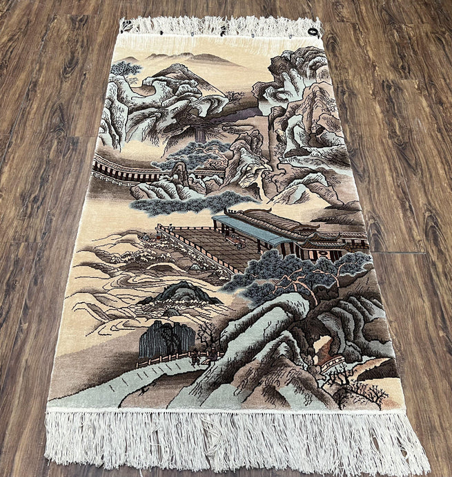 Silk Chinese Wall Hanging Rug 3x6 ft Tapestry, Pagoda Scene, Pictorial, High Quality Fine Hand Knotted Vintage, Asian Oriental Handmade Nice - Jewel Rugs
