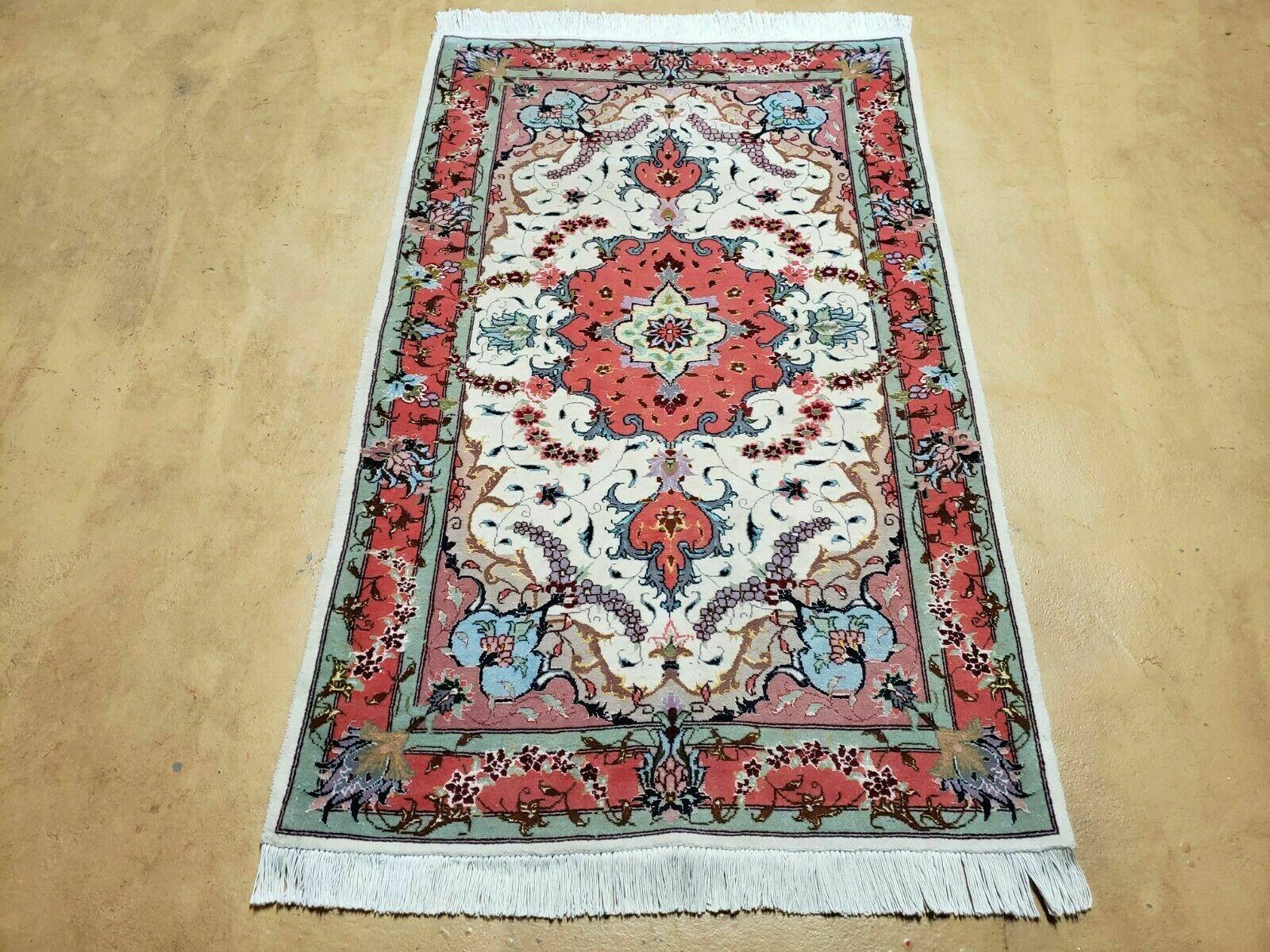 Small Vintage Persian Tabriz Wool and Silk Rug 2.5 x 4 ft, Very Finely Hand Knotted, Medallion, Ivory Salmon Light Blue, Top Quality, Pair B - Jewel Rugs