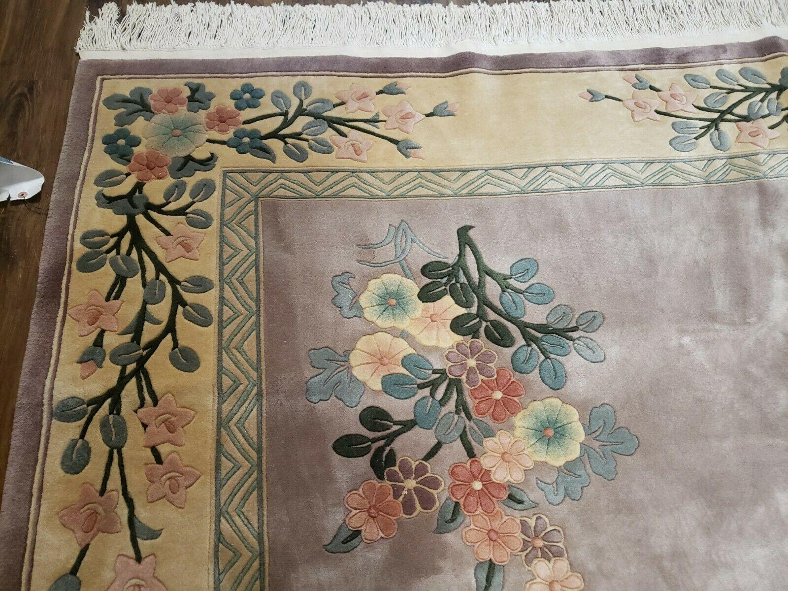 8' X 10' Vintage Handmade Chinese Art Deco 120 Lines Wool Rug Flowers Mauv - Jewel Rugs