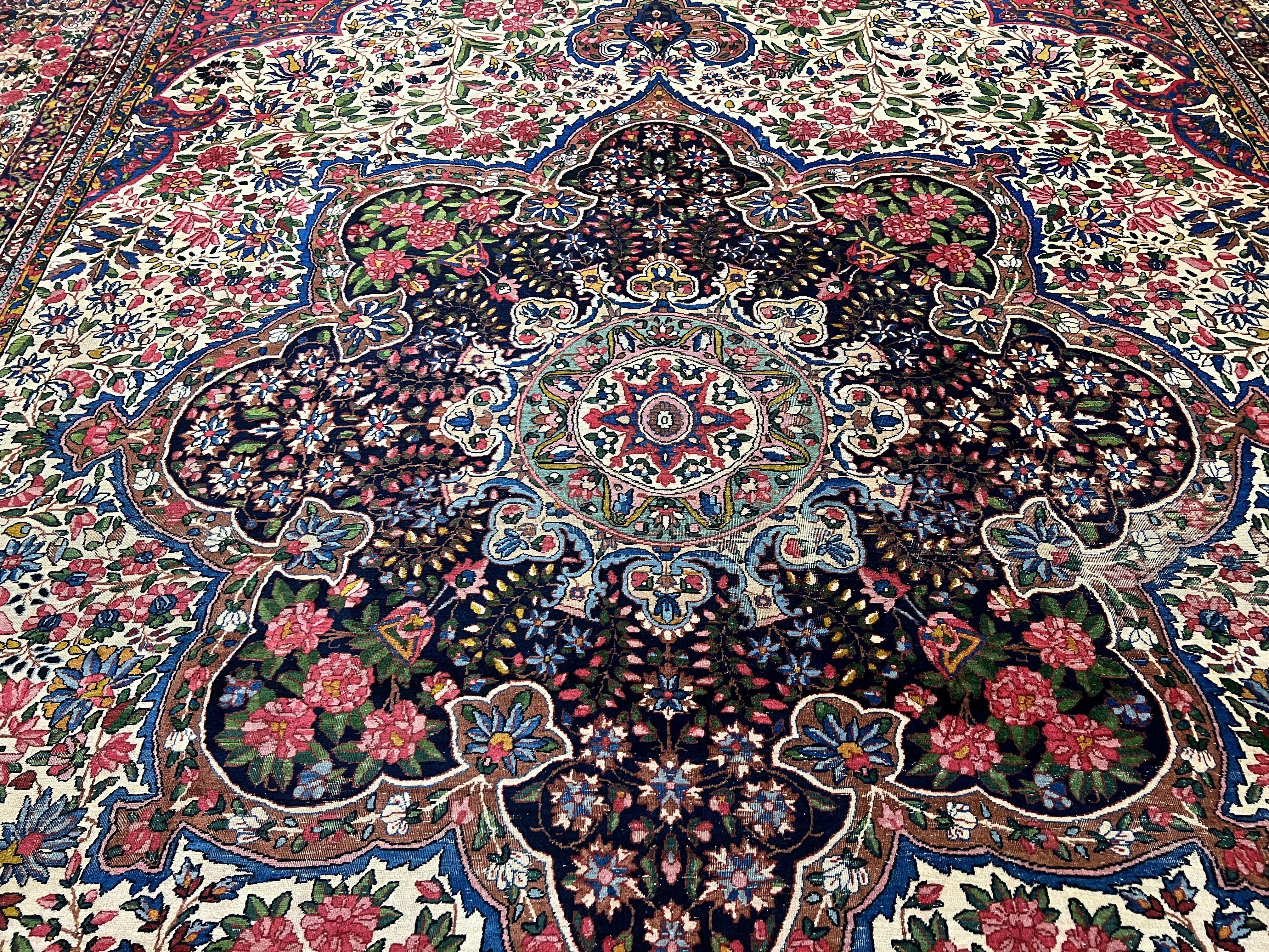 Spectacular Antique Persian Rug 12x19, Oversized Carpet 12 x 19, Palace Sized Hand Knotted Wool Rug, Floral Medallion, Kirman Lavar, Ivory Red - Jewel Rugs