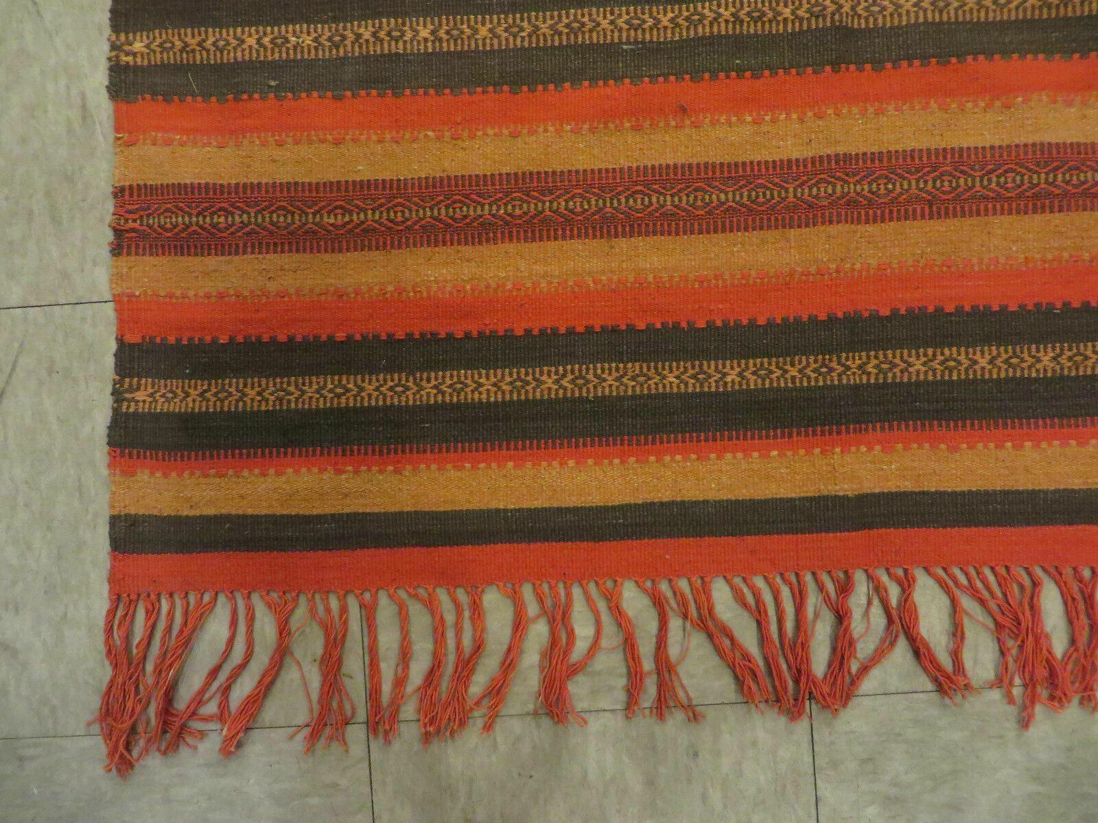 3'X7' Vintage Handmade South American Wool Blanket Kilim Rug Flat Weave Stripes - Jewel Rugs