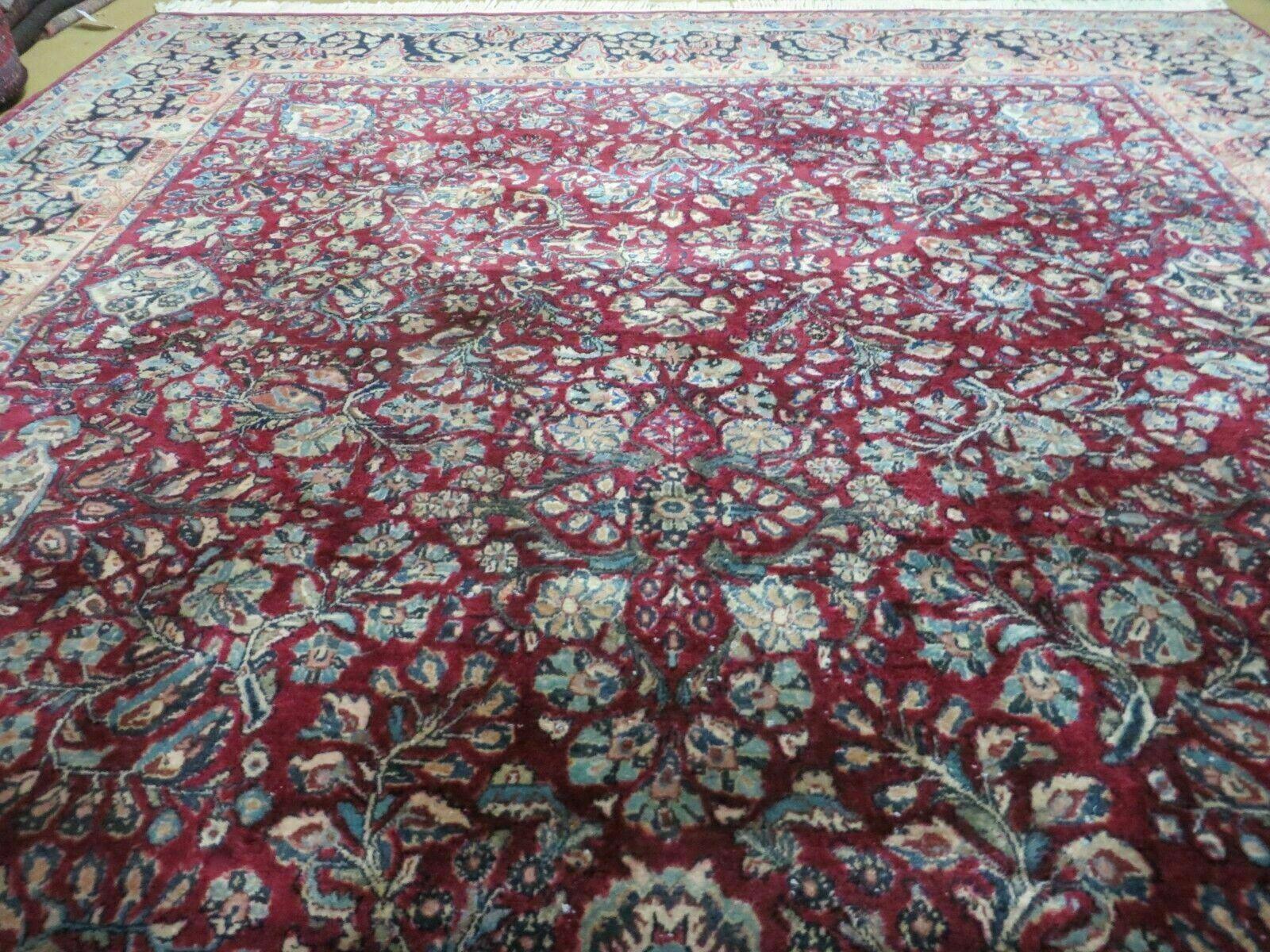 Antique Persian Sarouk Rug 9x11 Red Navy Blue Oriental Carpet, Allover Floral Pattern, Hand Knotted, Wool, Room Sized 9 x 11 ft - Jewel Rugs