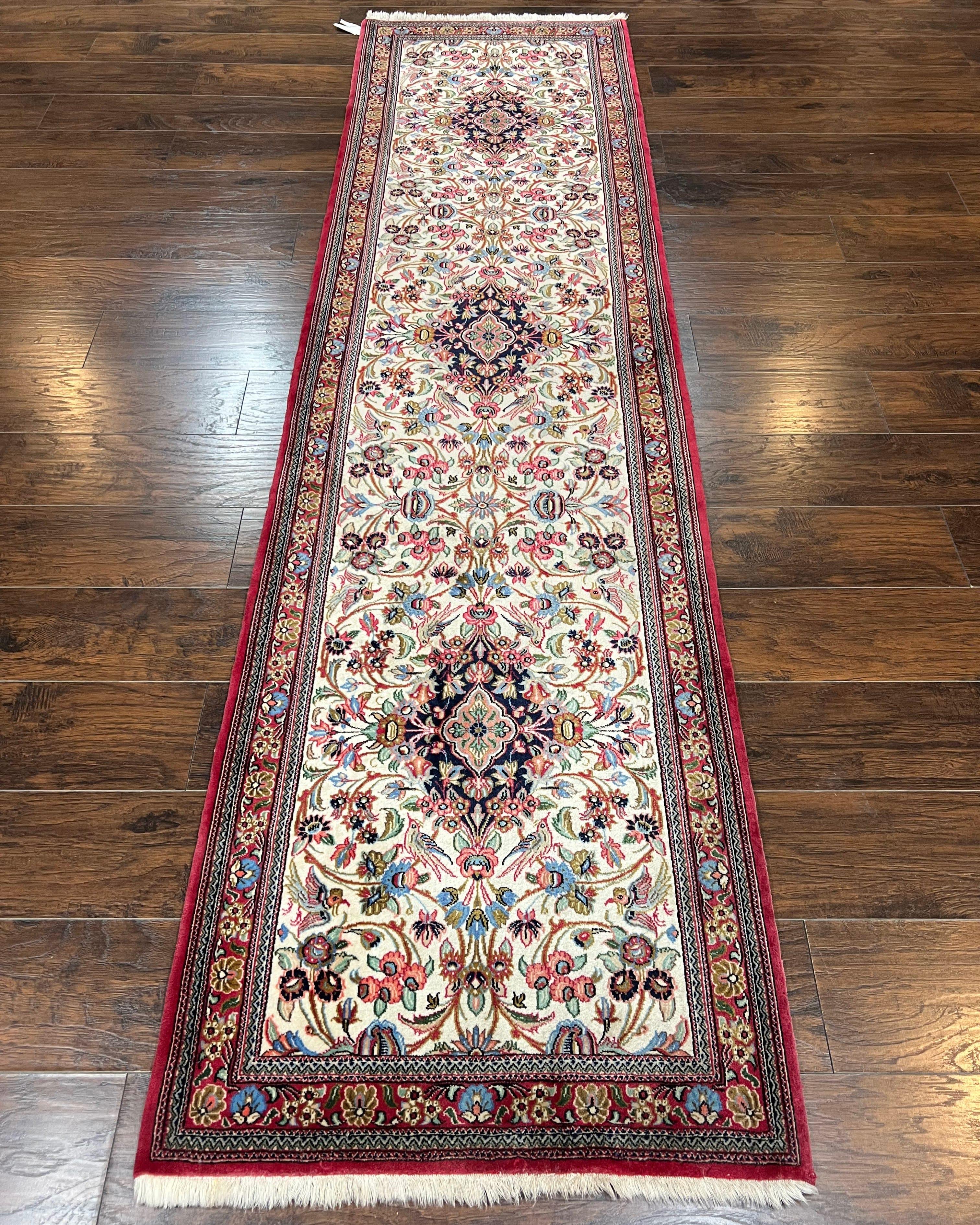 Wonderful Persian Qum Runner Rug 2.8 x 10 ft, Floral Medallions with Bird Motifs, Hand Knotted Wool Fine Oriental 10ft Hallway Runner, Cream Red - Jewel Rugs