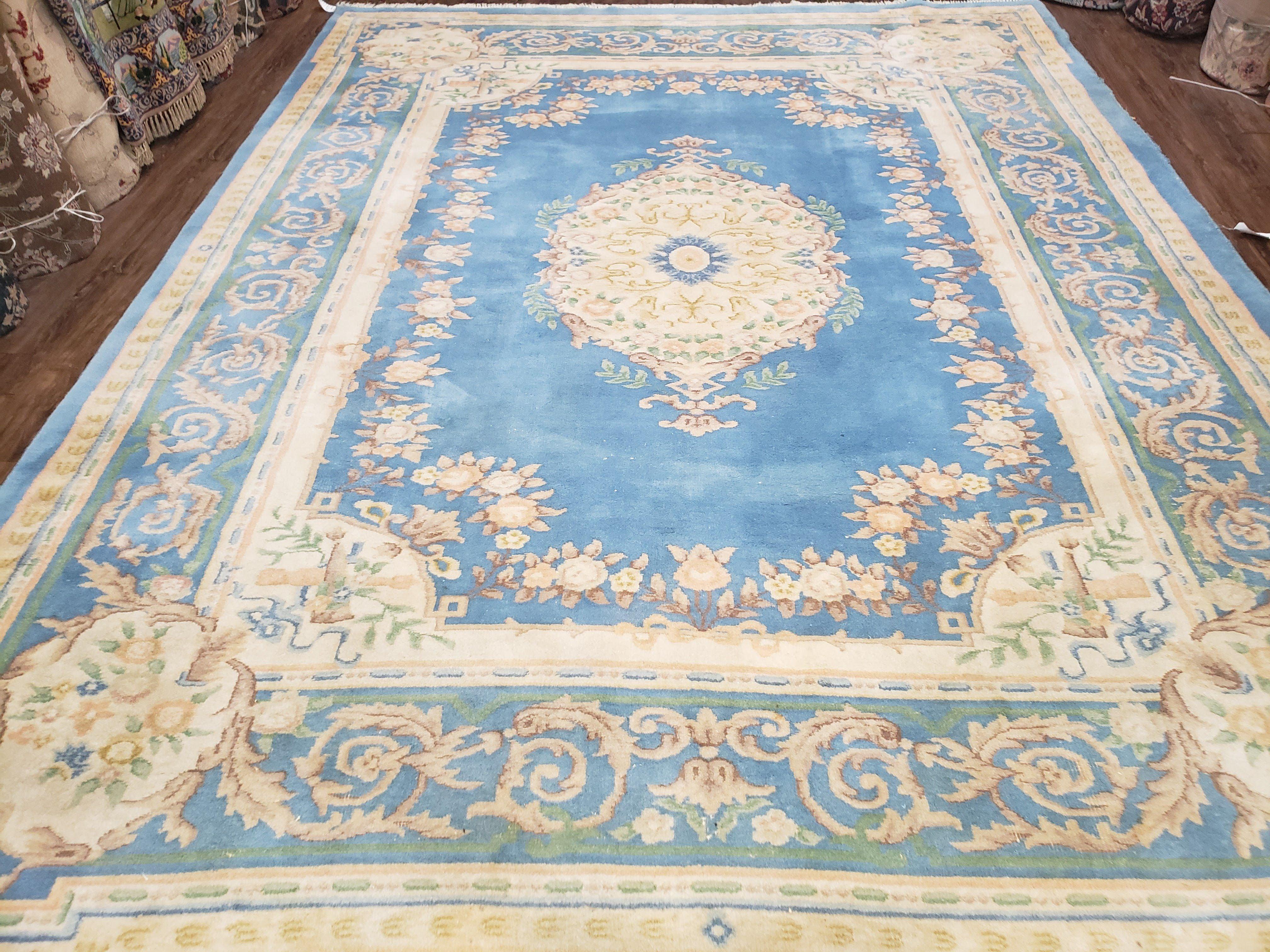 Light Blue and Ivory Rug, Indo Chinese Rug, Aubusson Rug, 8x11 - 9x12 Rugs, Room Sized Rug, Handmade Wool Area Rug, Vintage Rug, Sky Blue - Jewel Rugs