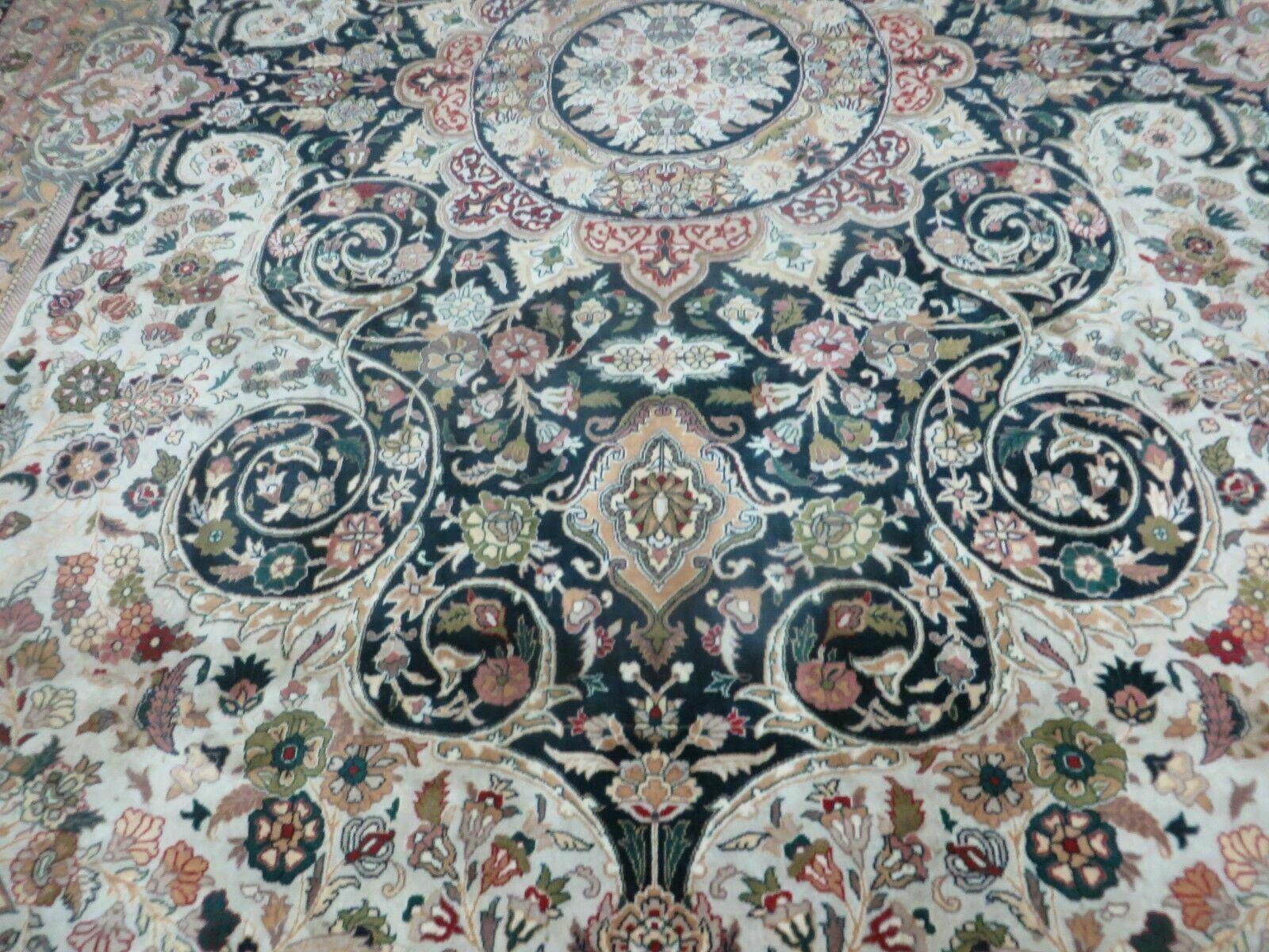 Beautiful Sino Persian Rug 9x12, Elegant High Quality Handmade Wool Oriental Carpet, Medallion with Corner Design, Floral, Black and Ivory - Jewel Rugs