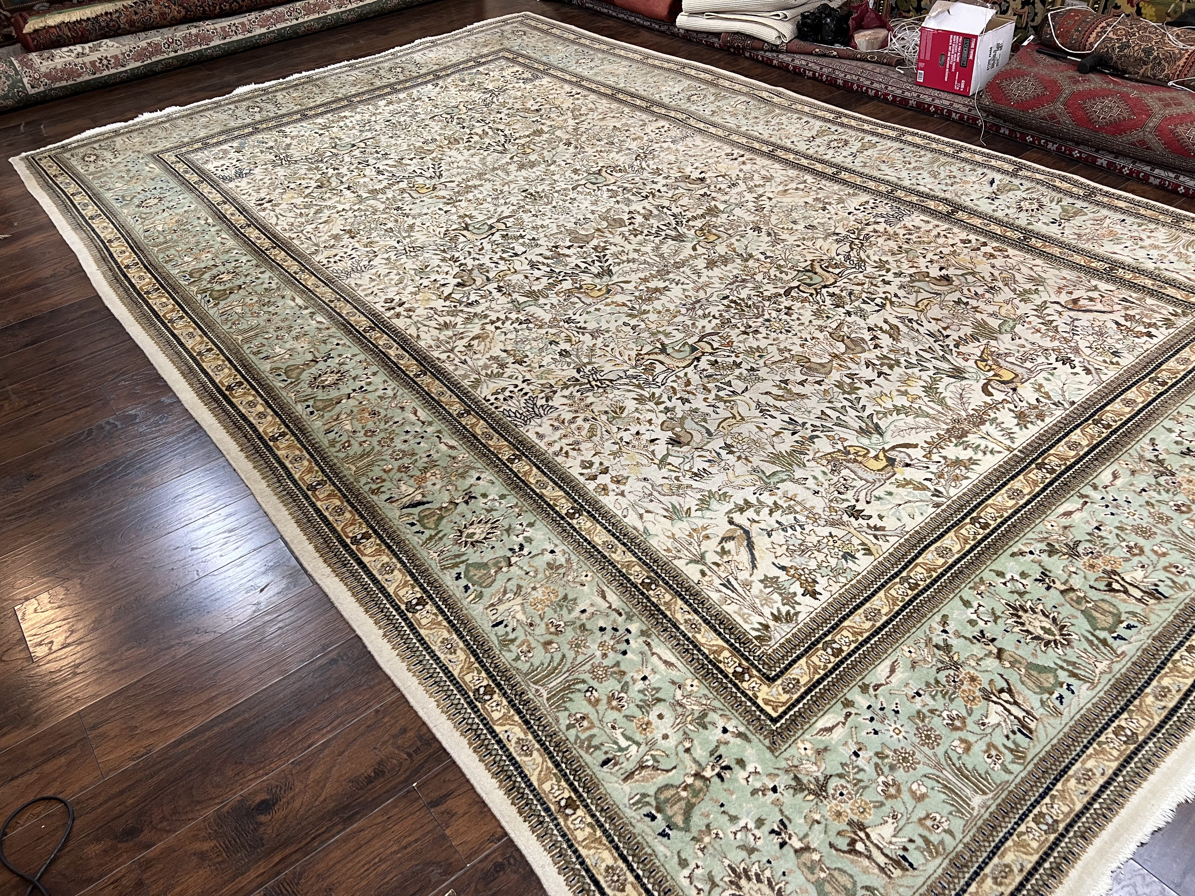 Wonderful Persian Tabriz Rug 10x16, Ivory and Light Green Oriental Carpet, Large Wool Handmade Rug 10 x 16, Floral, Hunting Scene Horsemen Animals - Jewel Rugs