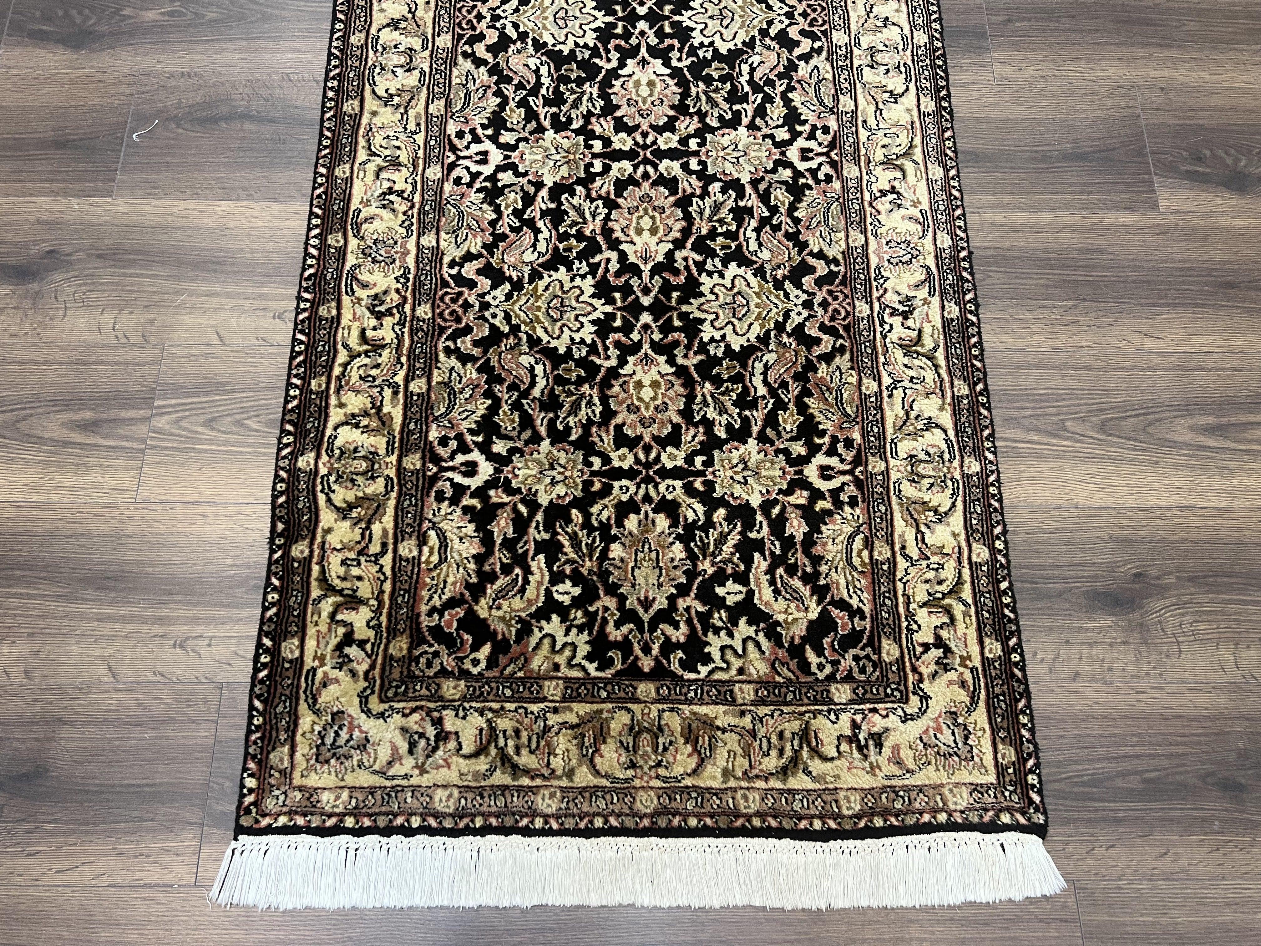 Indo Persian Runner Rug 2.8 x 8, Hand Knotted Wool Oriental Runner, Hallway Rug, Allover Floral, Black and Beige, Vintage Indian Runner - Jewel Rugs