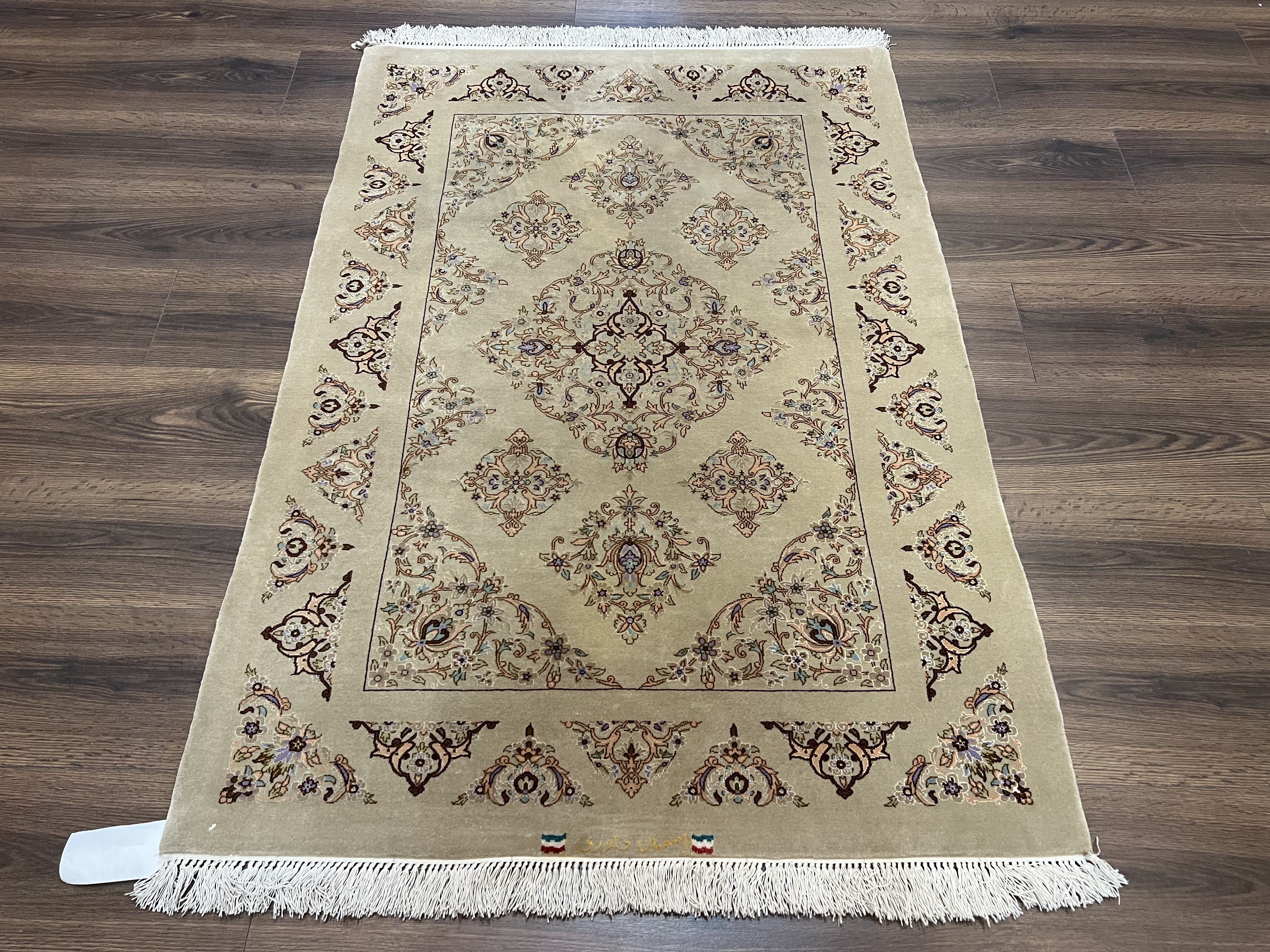 Very Fine Persian Isfahan Rug 3x5 ft with Signature, Kork Wool on Silk Foundation, Gray-Taupe Vintage Hand Knotted Oriental Carpet, 60 Raj 460 KPSI - Jewel Rugs