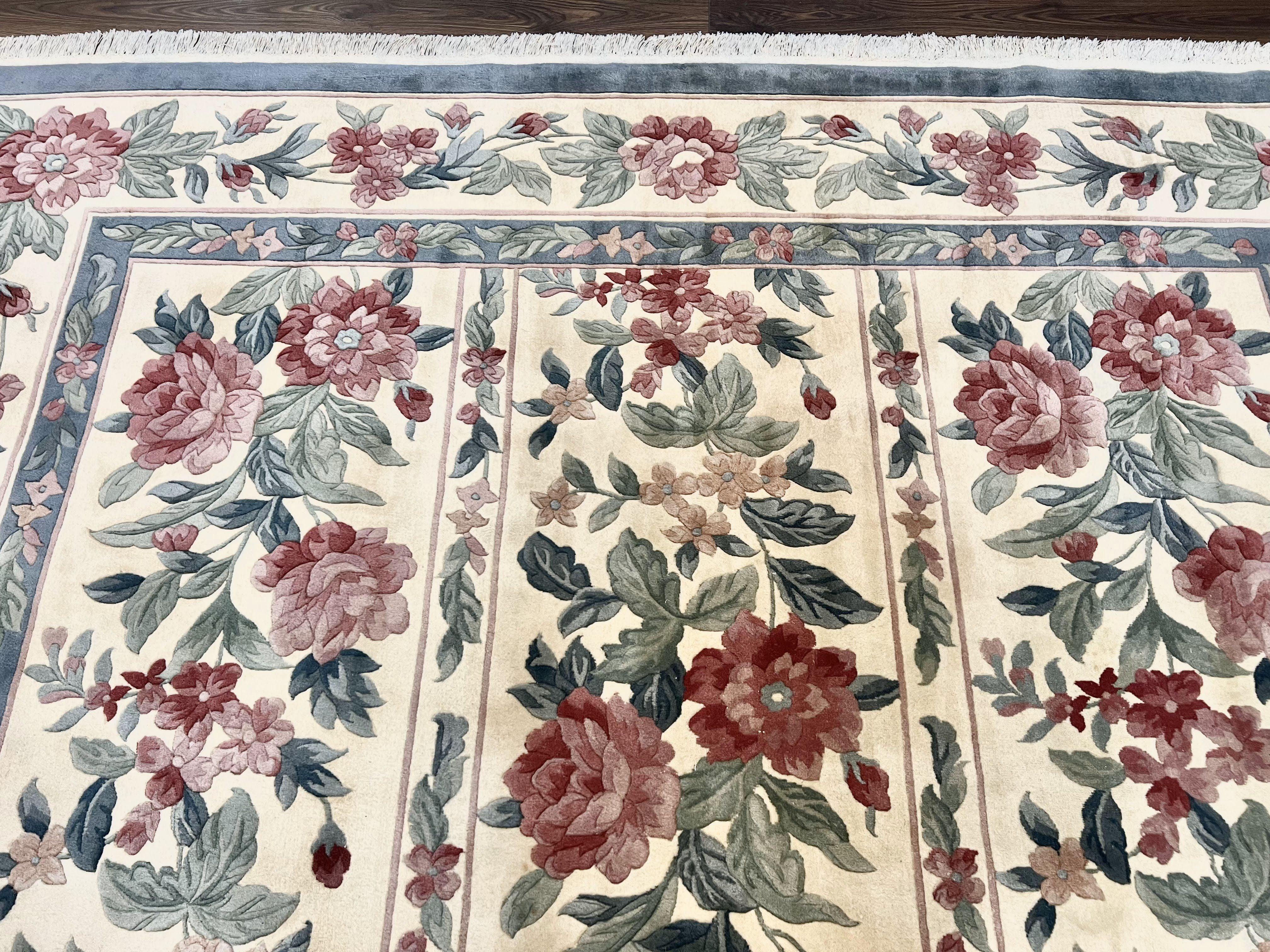 Chinese Wool Rug 8x11, Vintage 1960s Carpet, Cream and Teal, Floral Garden Panel, 8 x 11 ft Area Rug, Soft Handmade Room Sized 120 Line Rug - Jewel Rugs