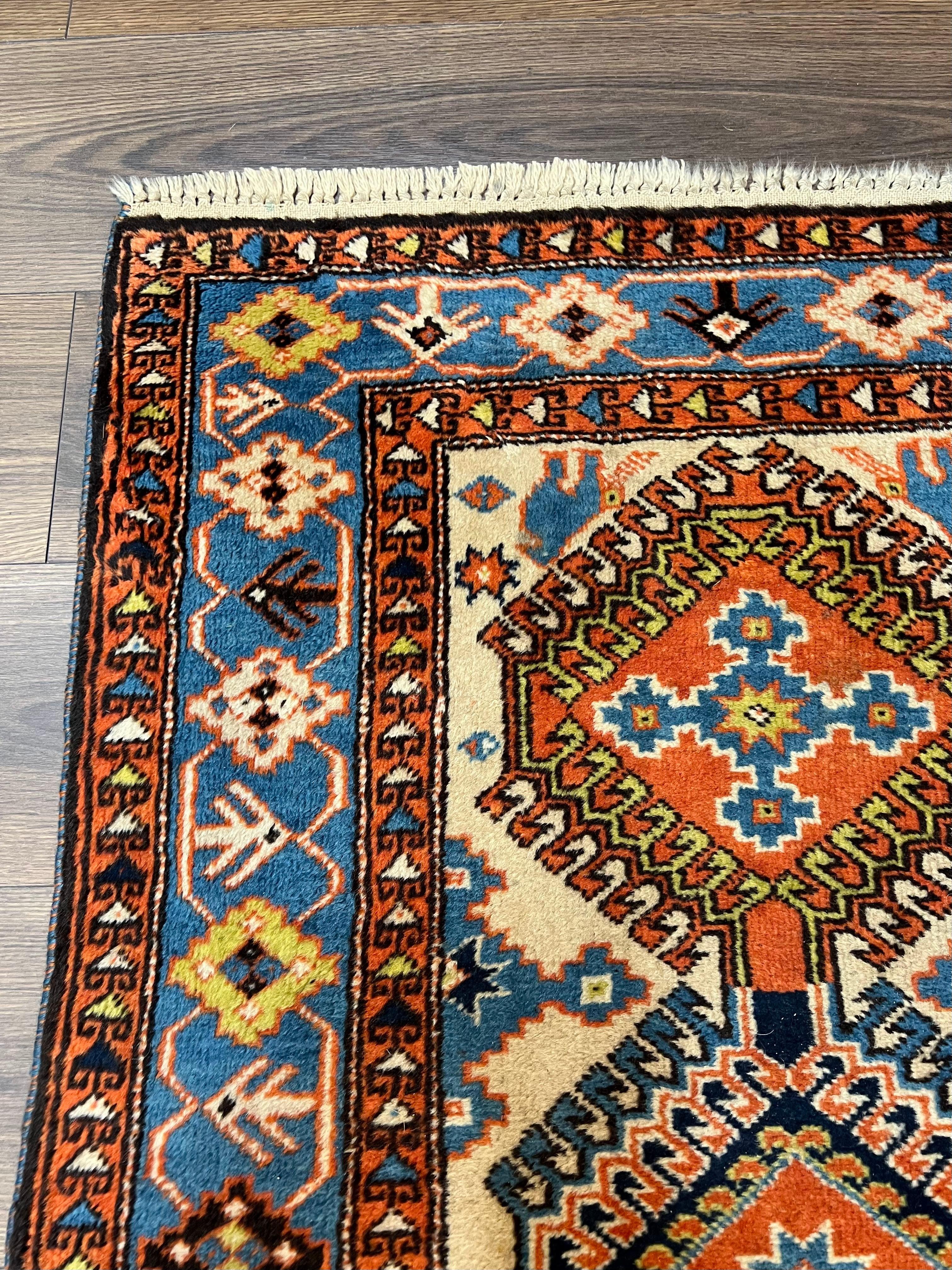 Colorful Turkish Runner Rug 3 x 13 ft, Caucasian Design, Vintage Runner Rug, Wool Hallway Runner, Blue Cream Yellow, Handmade Tribal Rug - Jewel Rugs